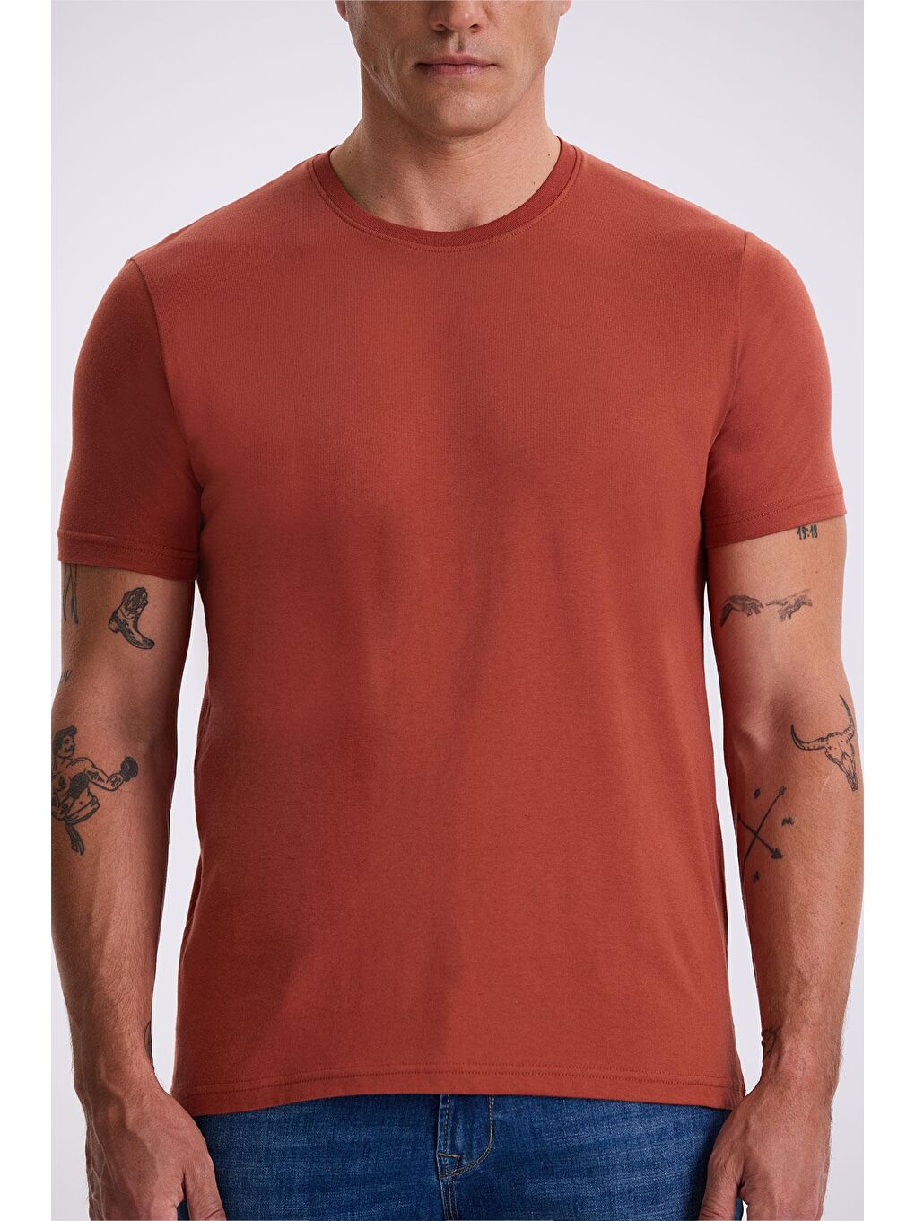 Kahverengi Tarçın %100 Pamuk Slim Fit Bisiklet Yaka Basic T-Shirt-3