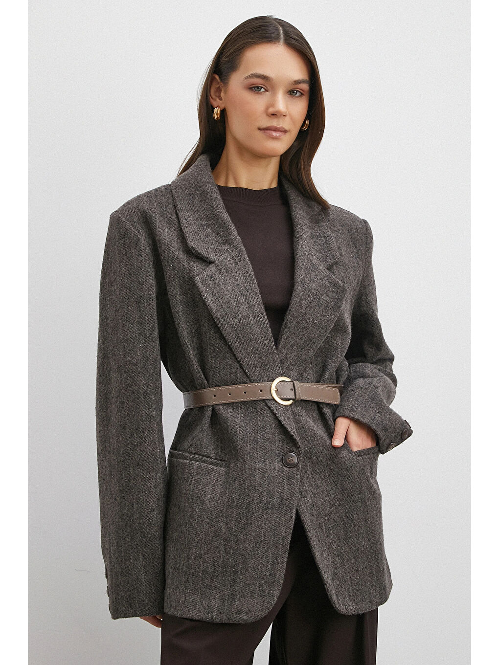 Karışık Çizgi Detaylı Kemerli Kaşe Ceket Kahve-2