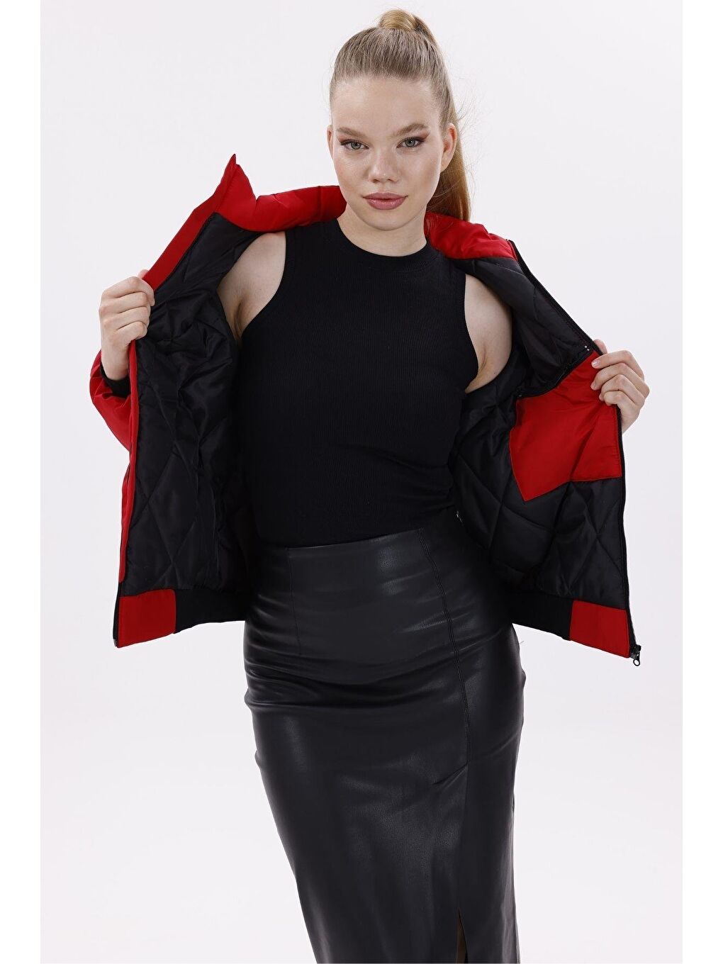 Kırmızı Kadın Astarlı Dik Yaka Mevsimlik Su Ve Rüzgar Geçirmez Mont-4