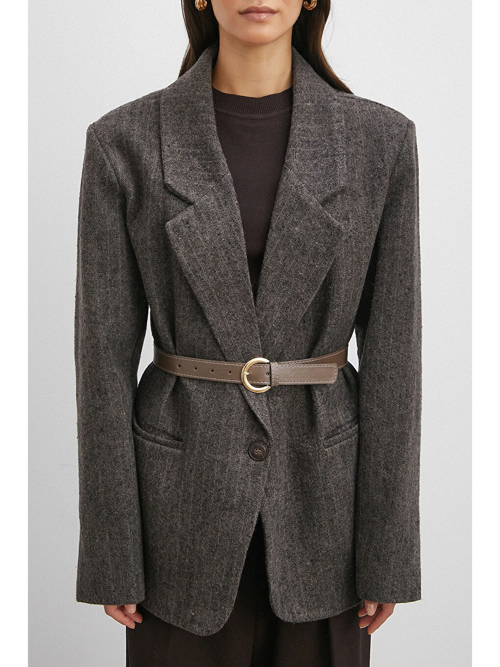 Karışık Çizgi Detaylı Kemerli Kaşe Ceket Kahve-4