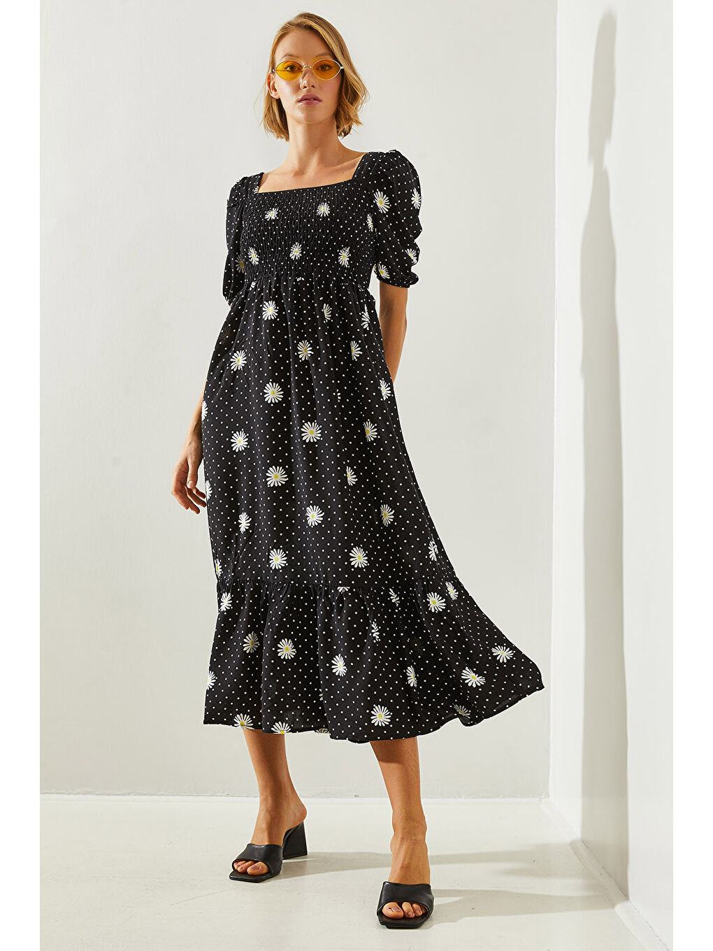 Siyah kadın Göğsü Gipeli Karpuz Kol Viskon Elbise