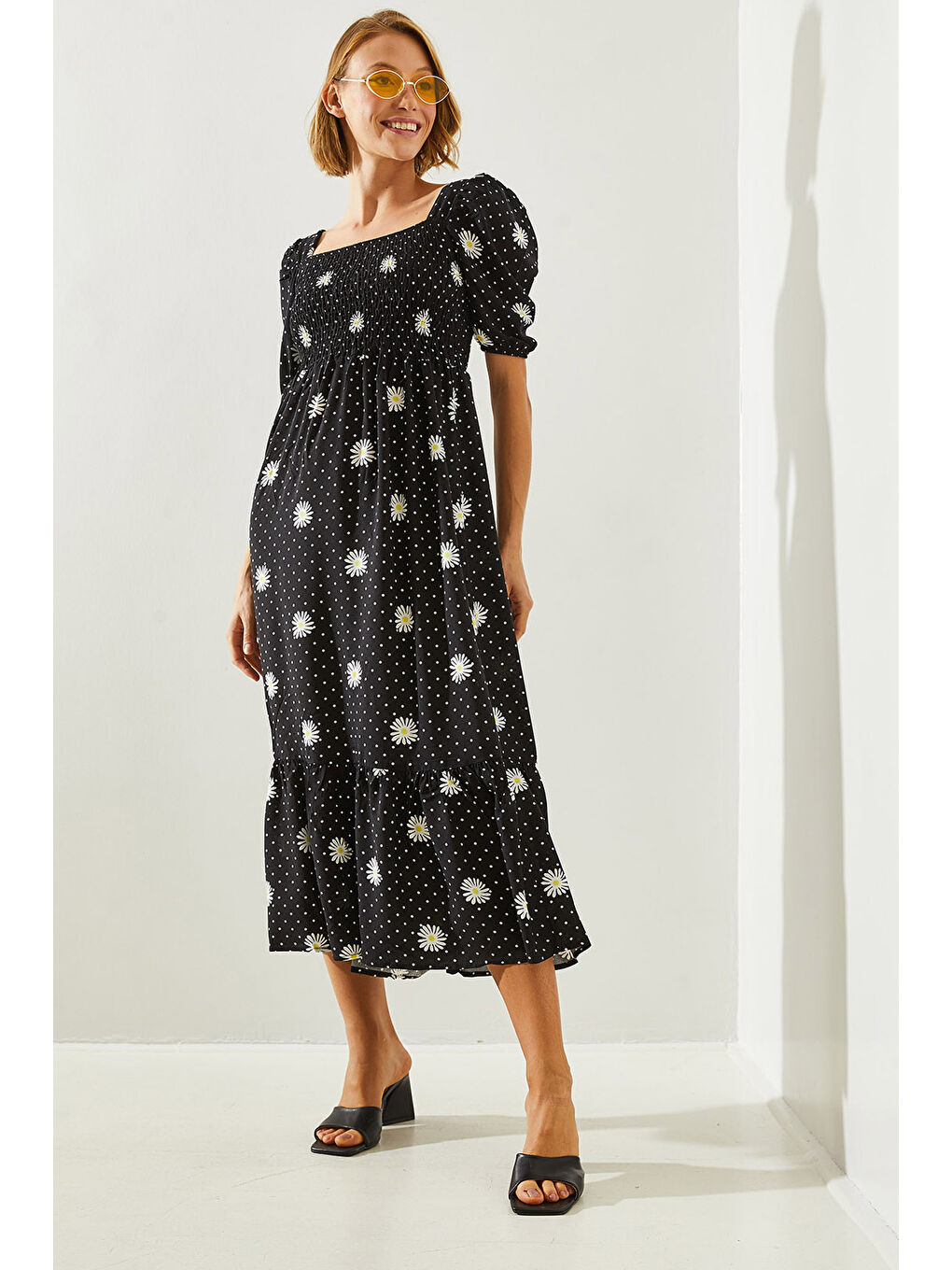 Siyah kadın Göğsü Gipeli Karpuz Kol Viskon Elbise-1