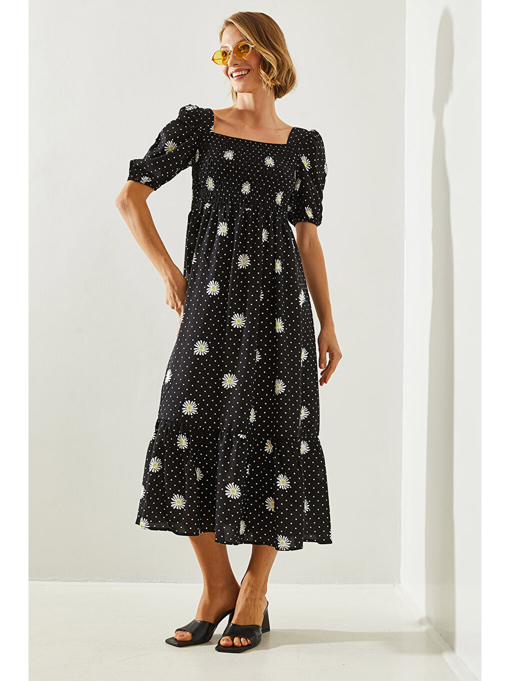 Siyah kadın Göğsü Gipeli Karpuz Kol Viskon Elbise-2