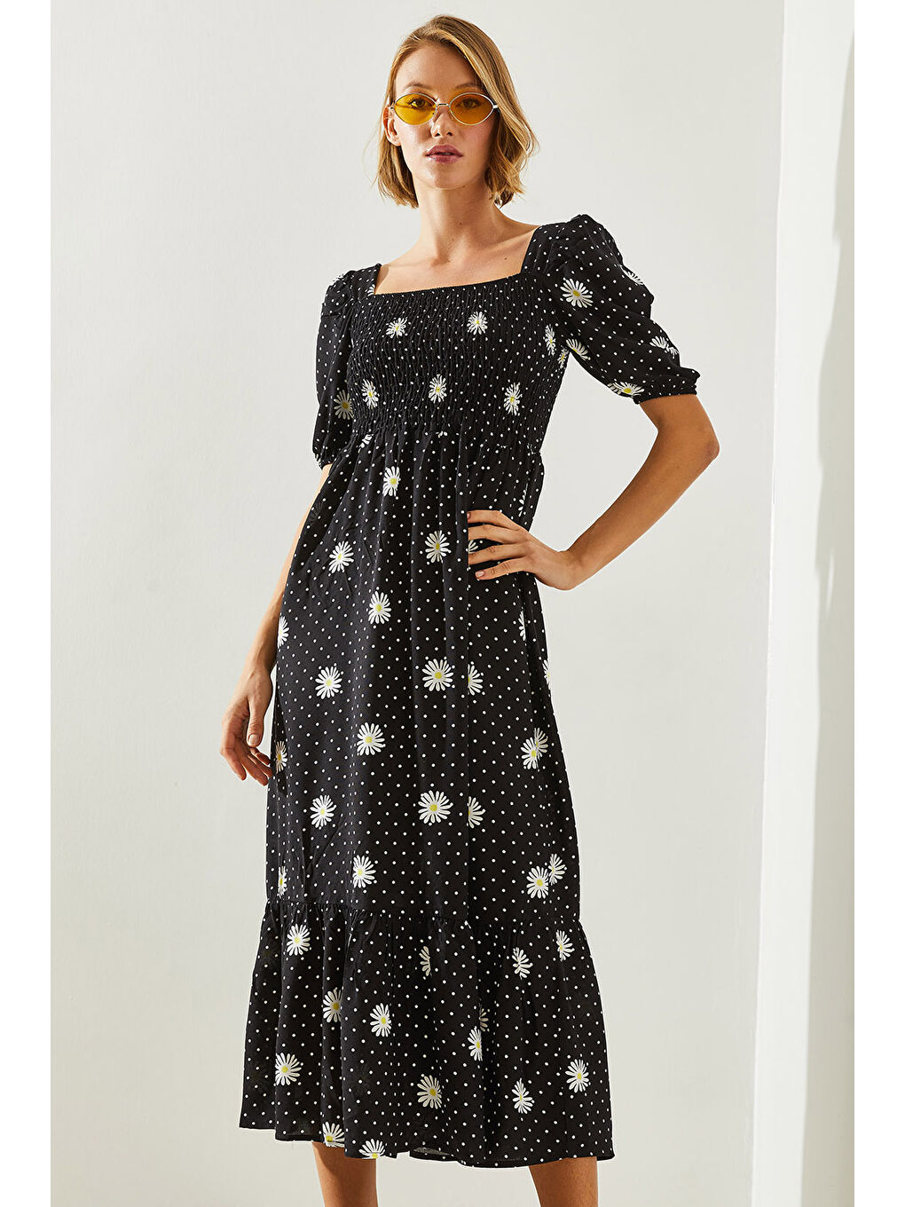 Siyah kadın Göğsü Gipeli Karpuz Kol Viskon Elbise-3