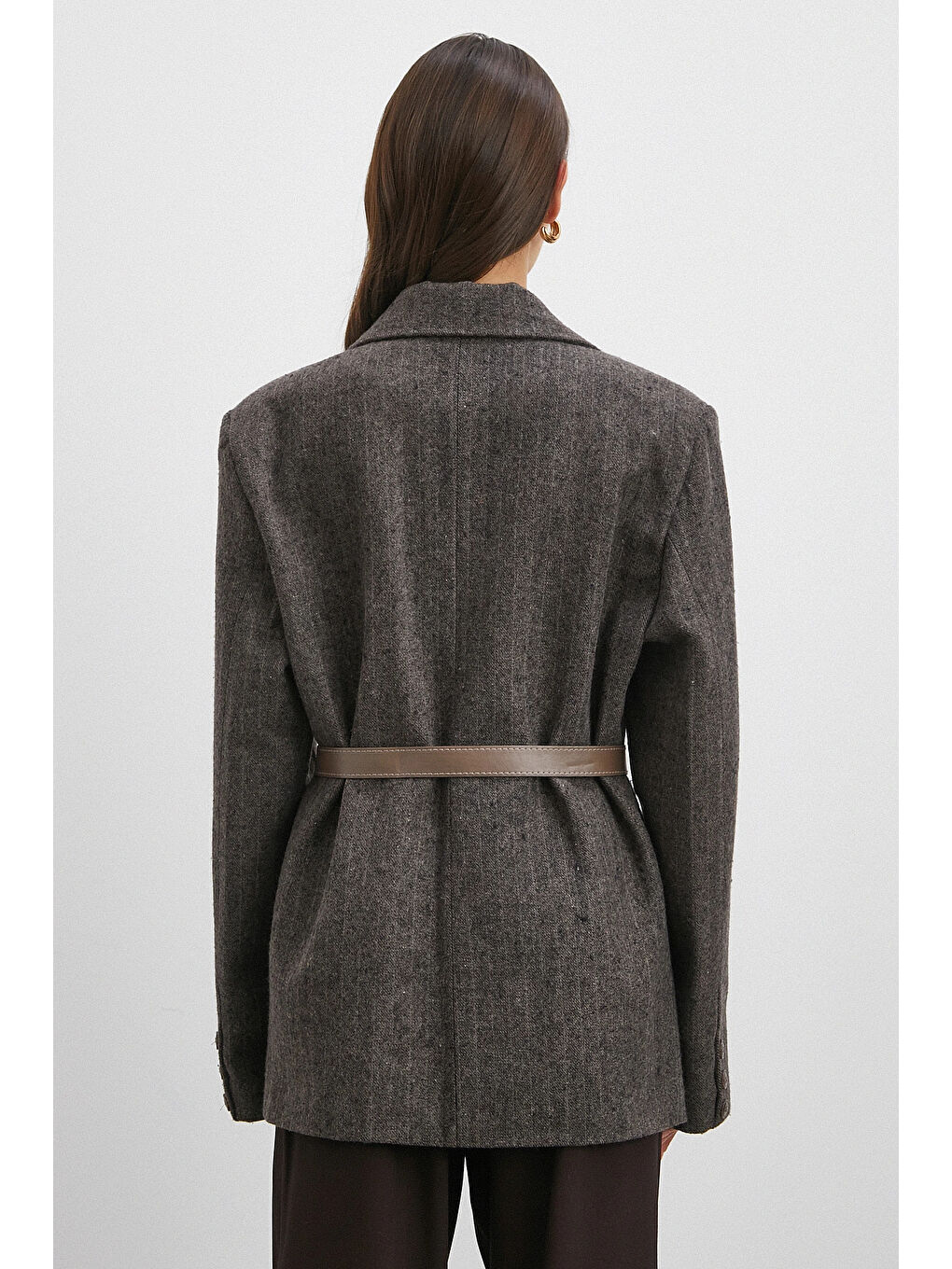 Karışık Çizgi Detaylı Kemerli Kaşe Ceket Kahve-5