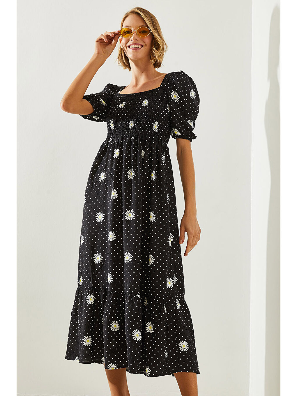 Siyah kadın Göğsü Gipeli Karpuz Kol Viskon Elbise-4