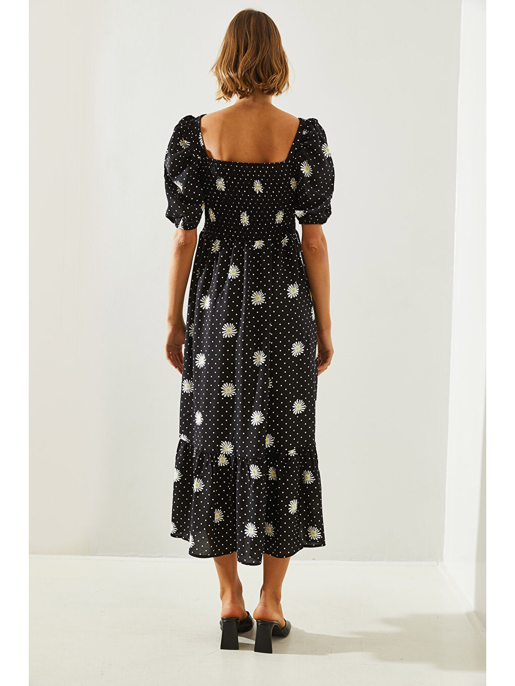 Siyah kadın Göğsü Gipeli Karpuz Kol Viskon Elbise-5