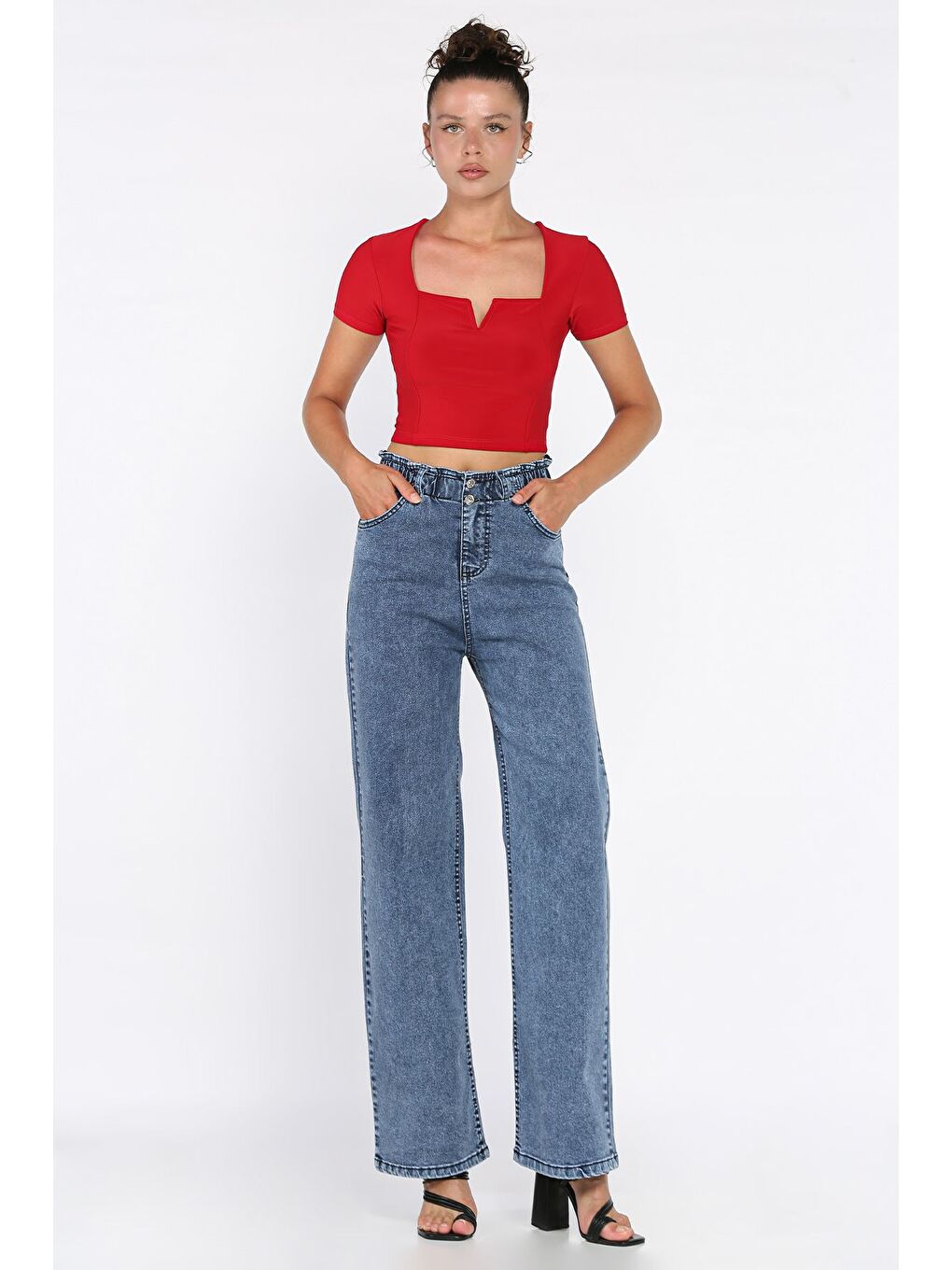 Mavi Çift Düğme Detaylı Bol Paça Elastanlı Kadın Jean Jean Pantolon