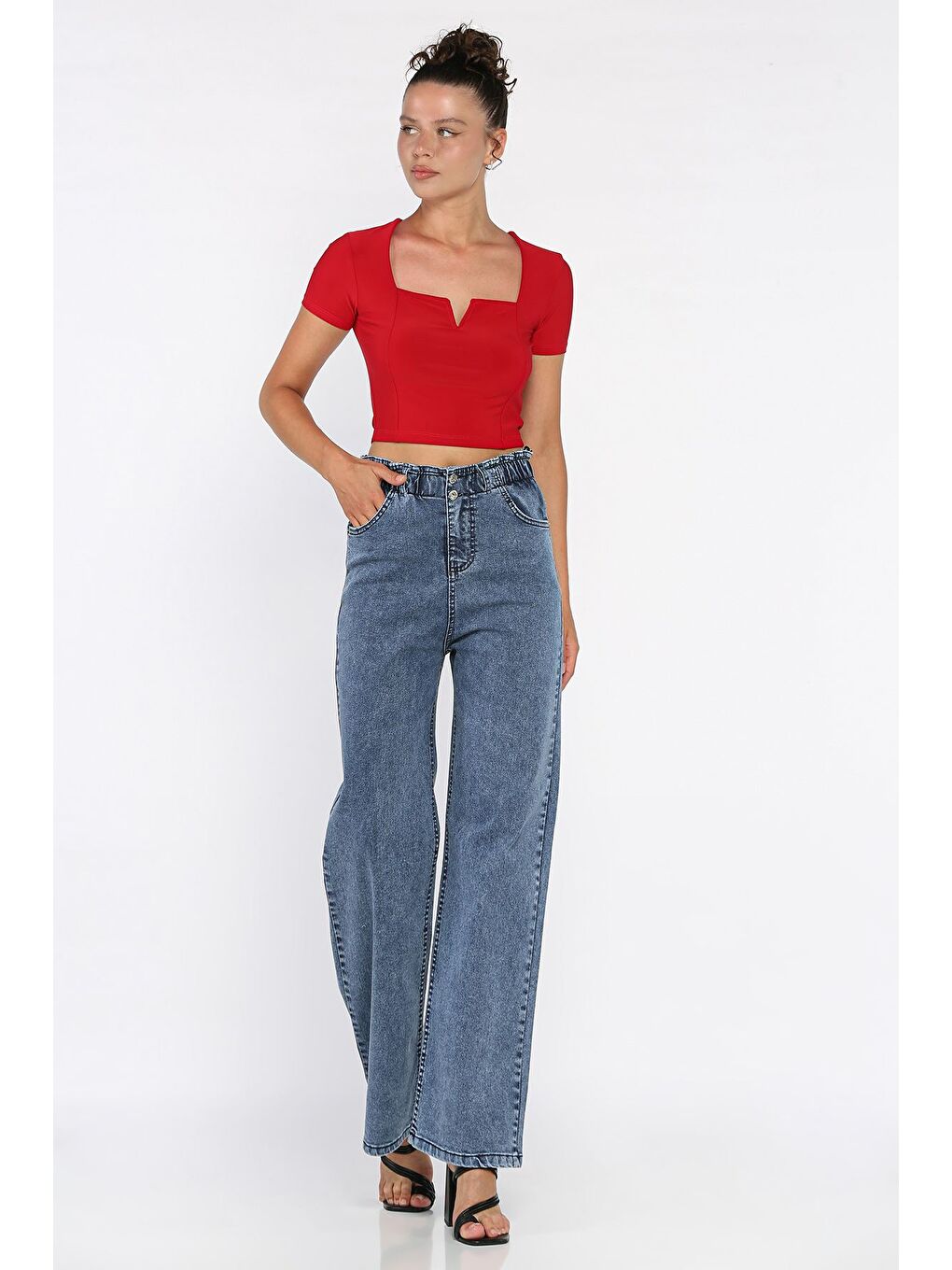 Mavi Çift Düğme Detaylı Bol Paça Elastanlı Kadın Jean Jean Pantolon-1