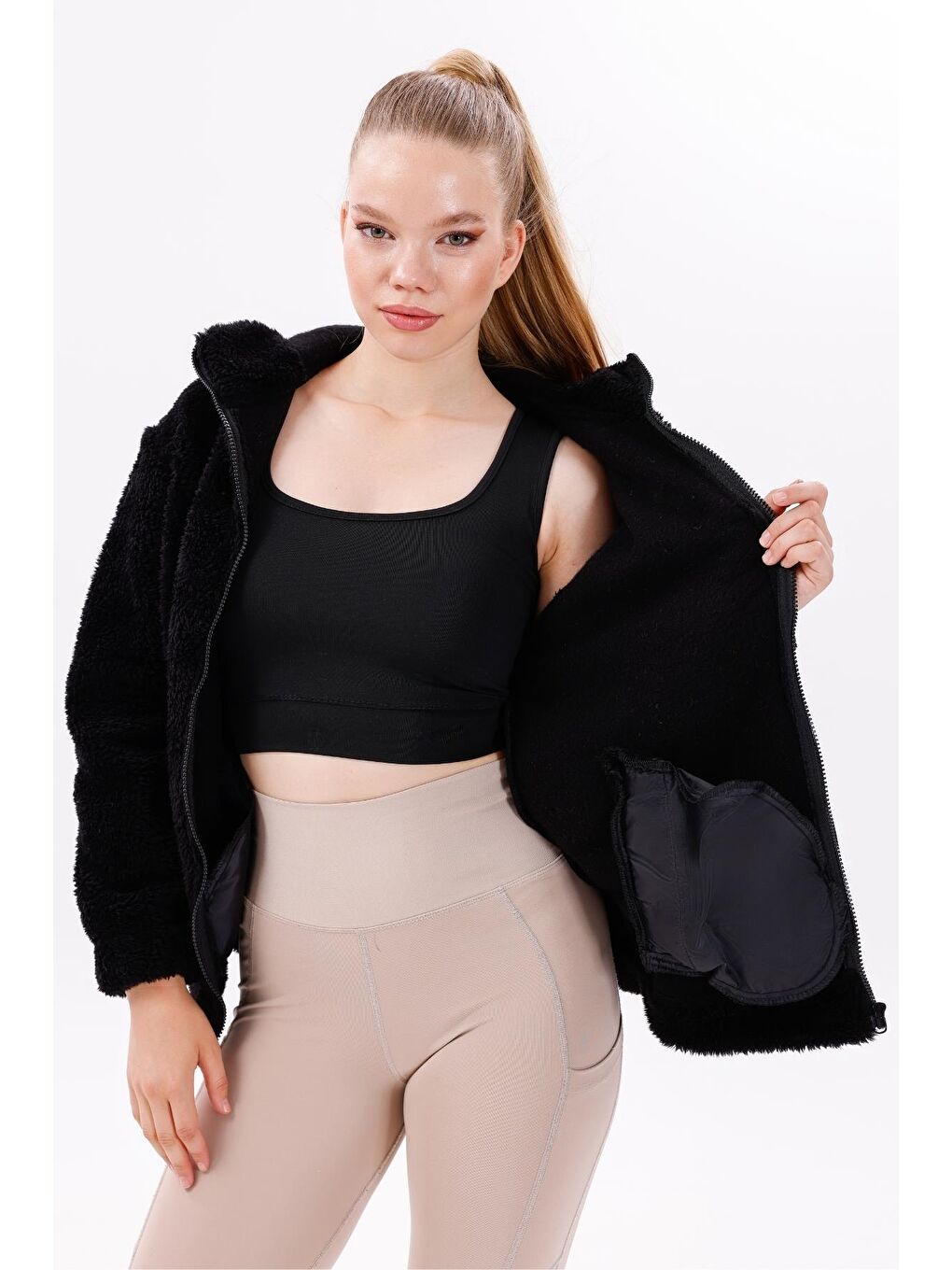 Siyah Kadın Pelüş Rüzgar Geçirmez Welsoft Çift Kapüşonlu Kışlık Mont-4