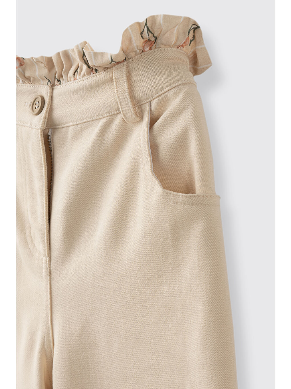 Kız Çocuk Beli Fırfır Detaylı Bej Pantolon-3
