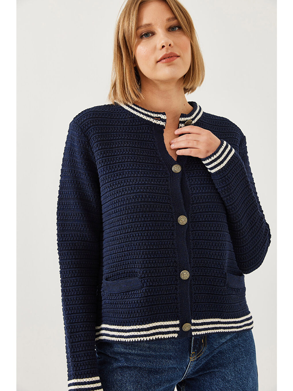 Lacivert Kadın Düğmeli Cep Detaylı Triko Hırka-2