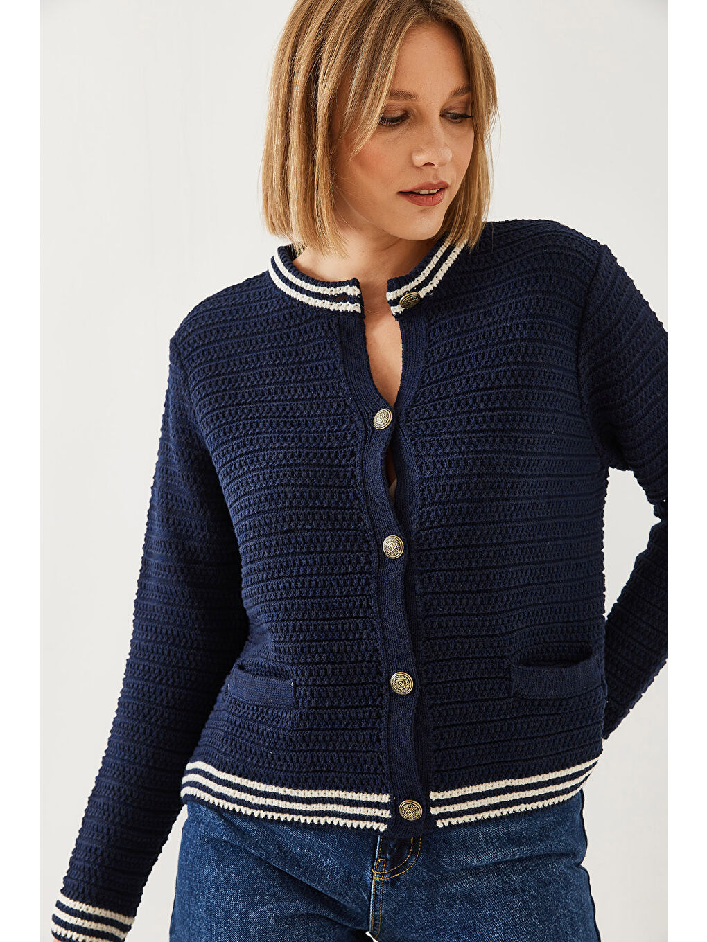 Lacivert Kadın Düğmeli Cep Detaylı Triko Hırka-3