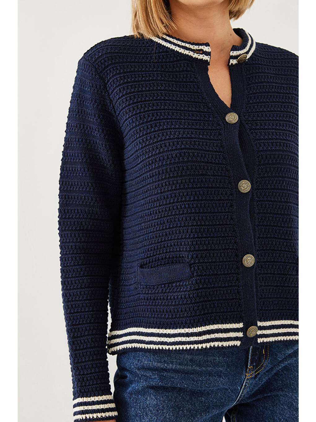 Lacivert Kadın Düğmeli Cep Detaylı Triko Hırka-4