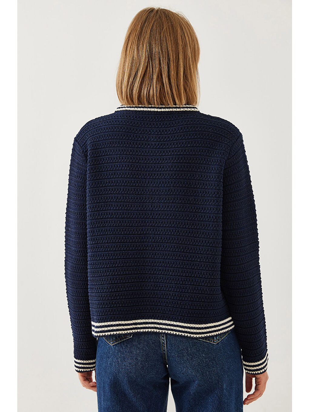 Lacivert Kadın Düğmeli Cep Detaylı Triko Hırka-5