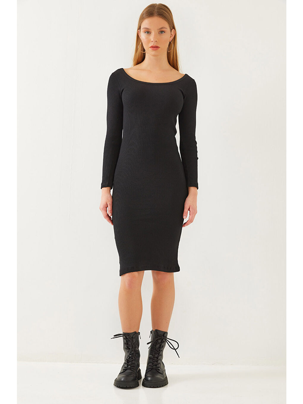 Siyah Kadın Kare Yaka Uzun Kollu Basic Fitilli Elbise