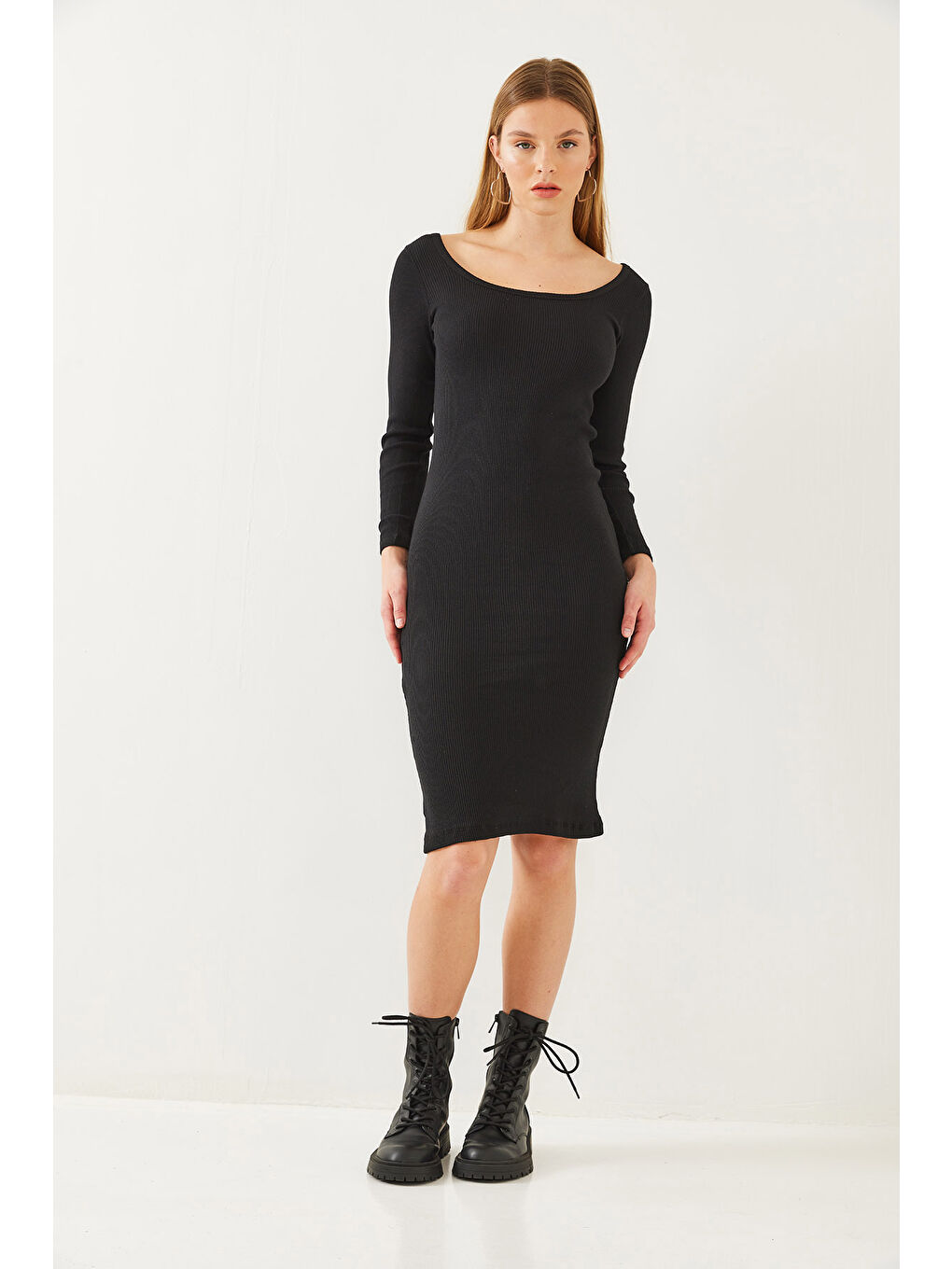 Siyah Kadın Kare Yaka Uzun Kollu Basic Fitilli Elbise-1