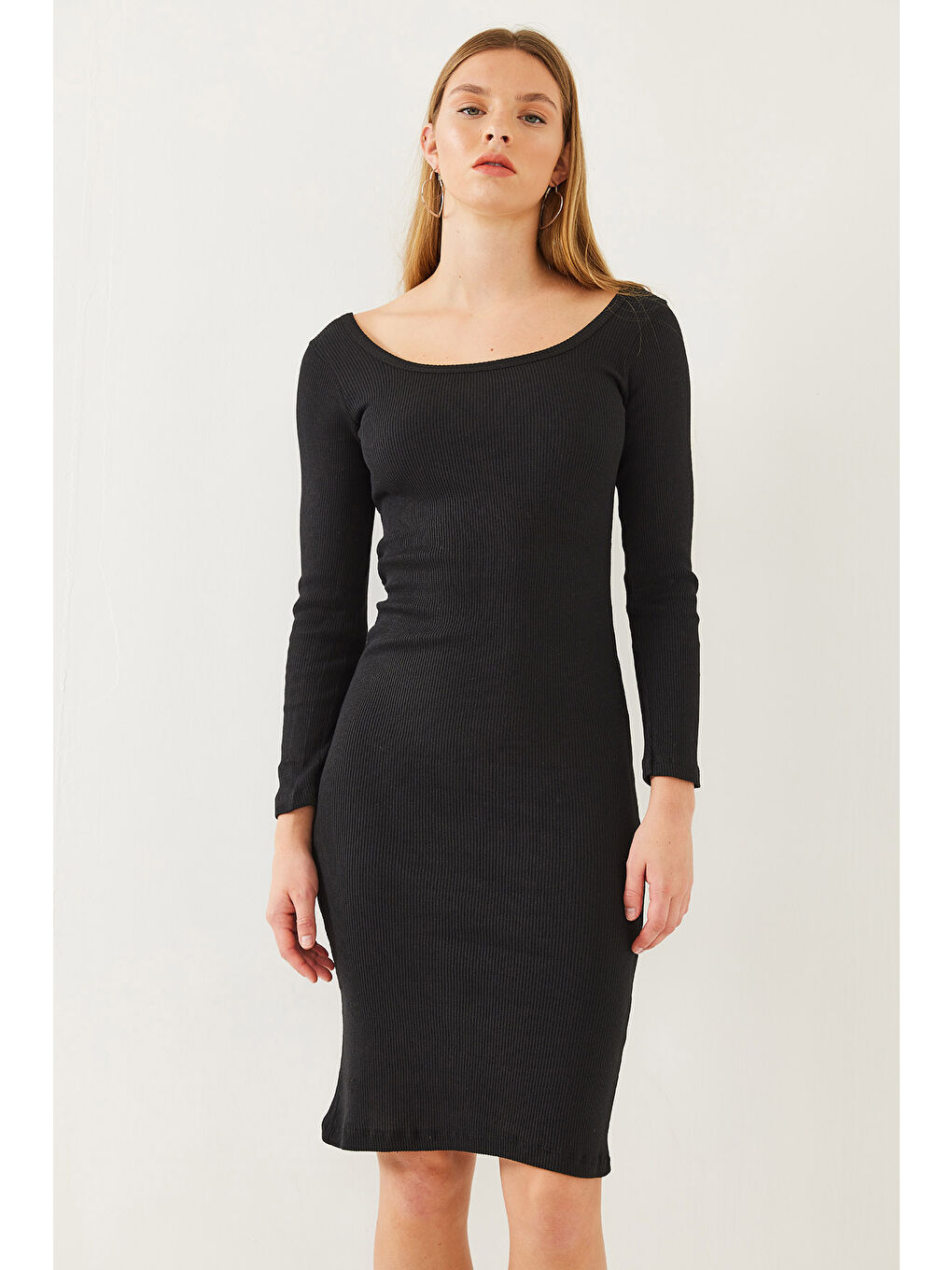 Siyah Kadın Kare Yaka Uzun Kollu Basic Fitilli Elbise-2