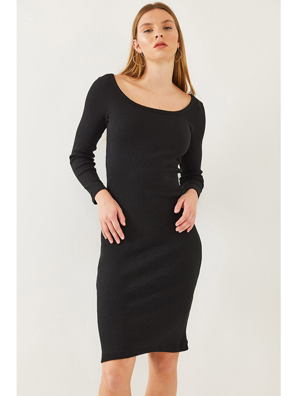 Siyah Kadın Kare Yaka Uzun Kollu Basic Fitilli Elbise-3