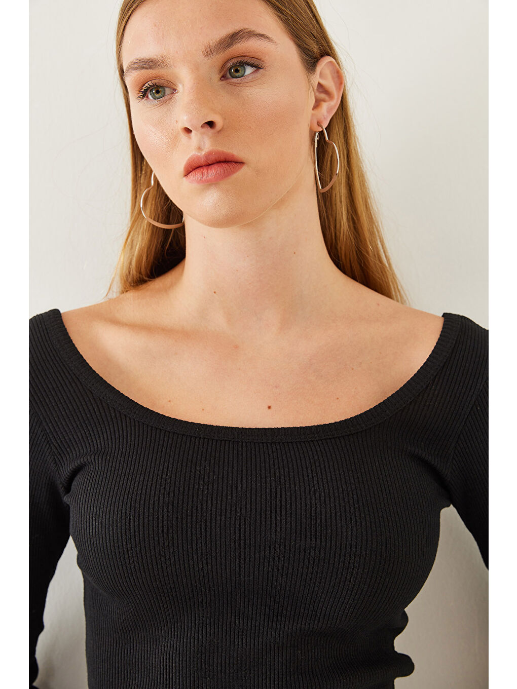 Siyah Kadın Kare Yaka Uzun Kollu Basic Fitilli Elbise-5