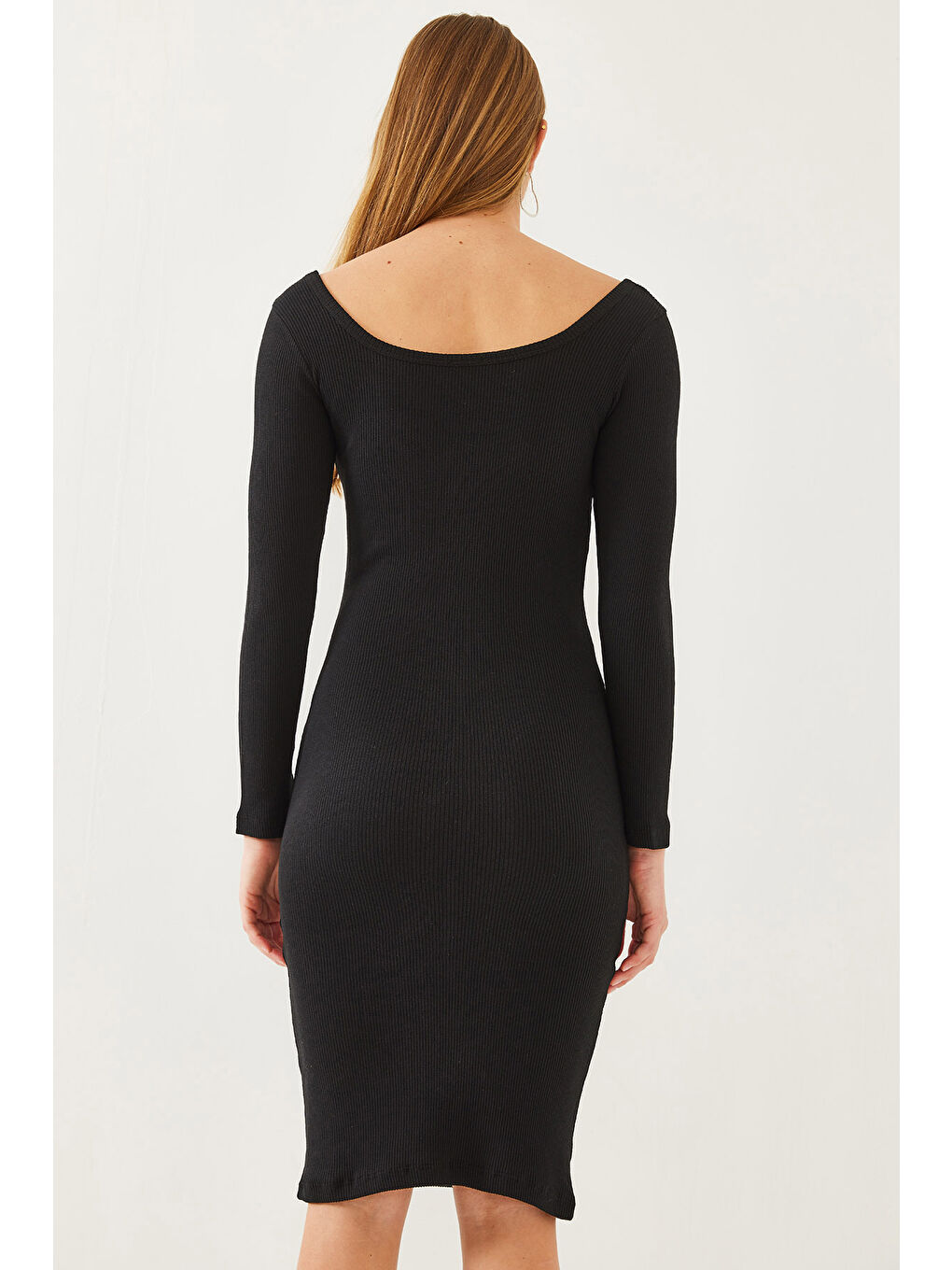 Siyah Kadın Kare Yaka Uzun Kollu Basic Fitilli Elbise-6