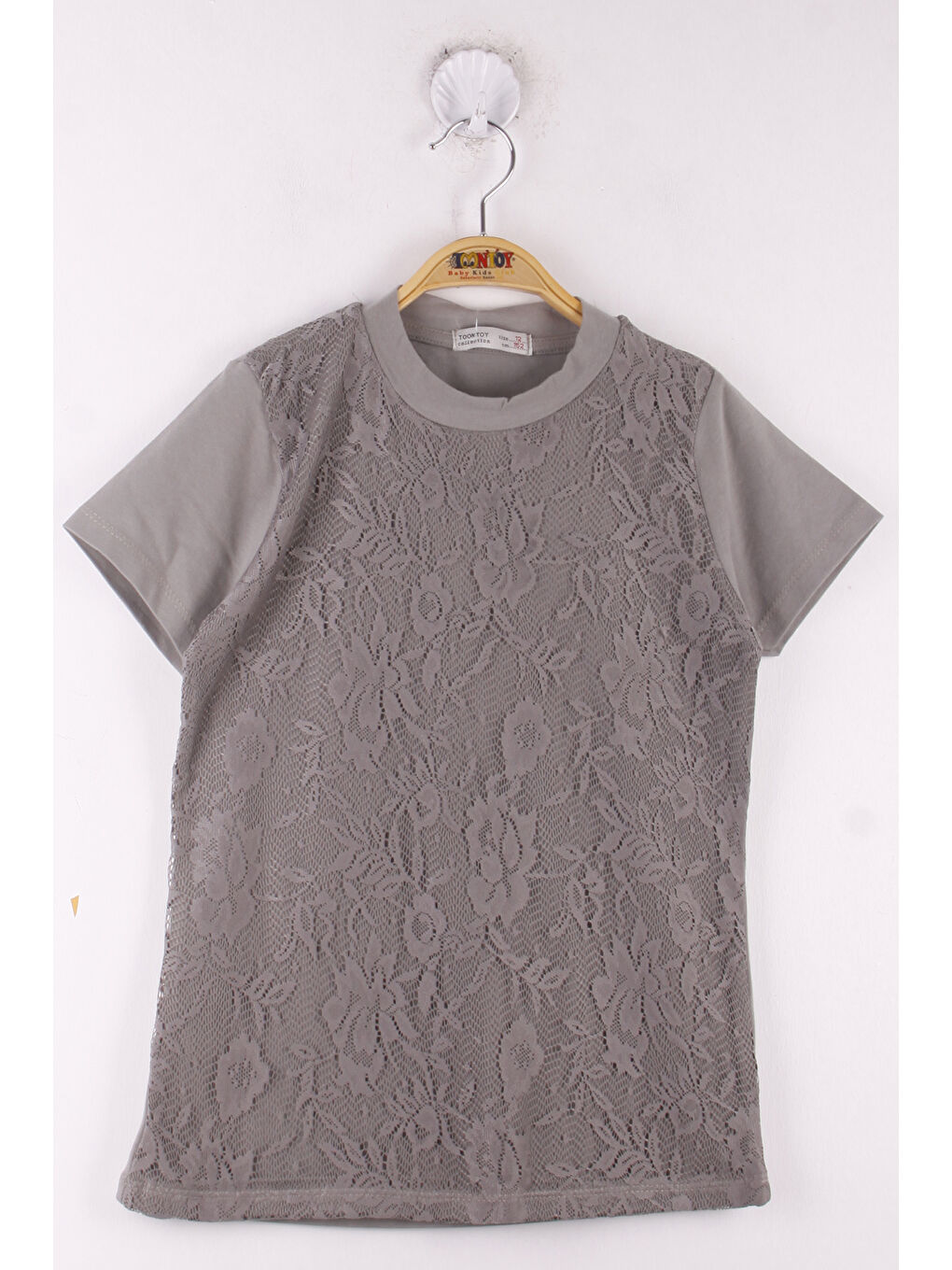 Gri Kız Çocuk Önü Dantelli Okul Tişört