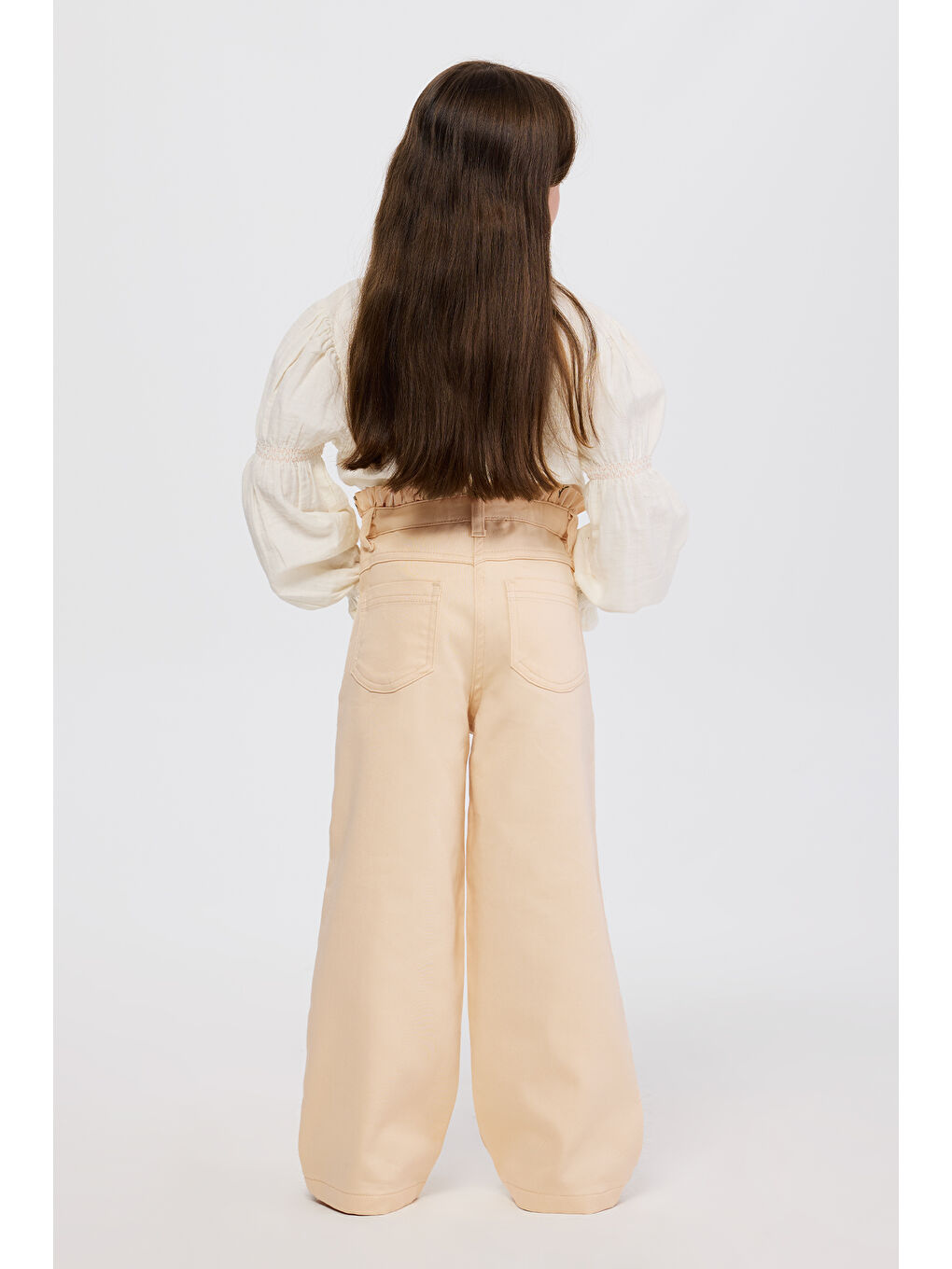 Kız Çocuk Beli Fırfır Detaylı Bej Pantolon-6