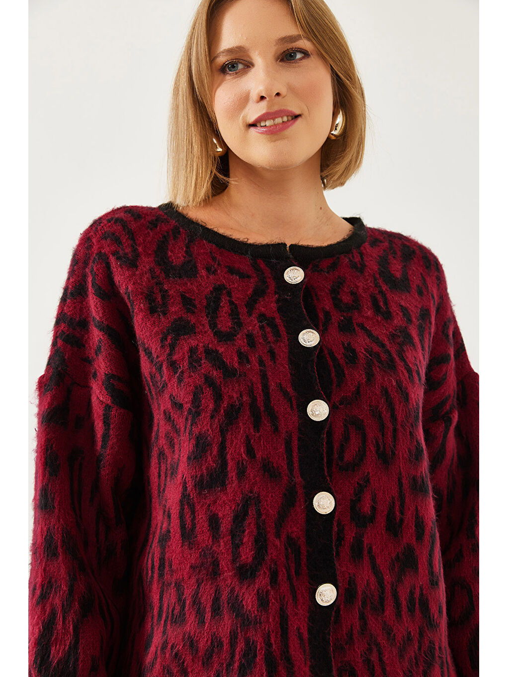 Bordo Kadın Leopar Desenli Oversize Triko Hırka-1