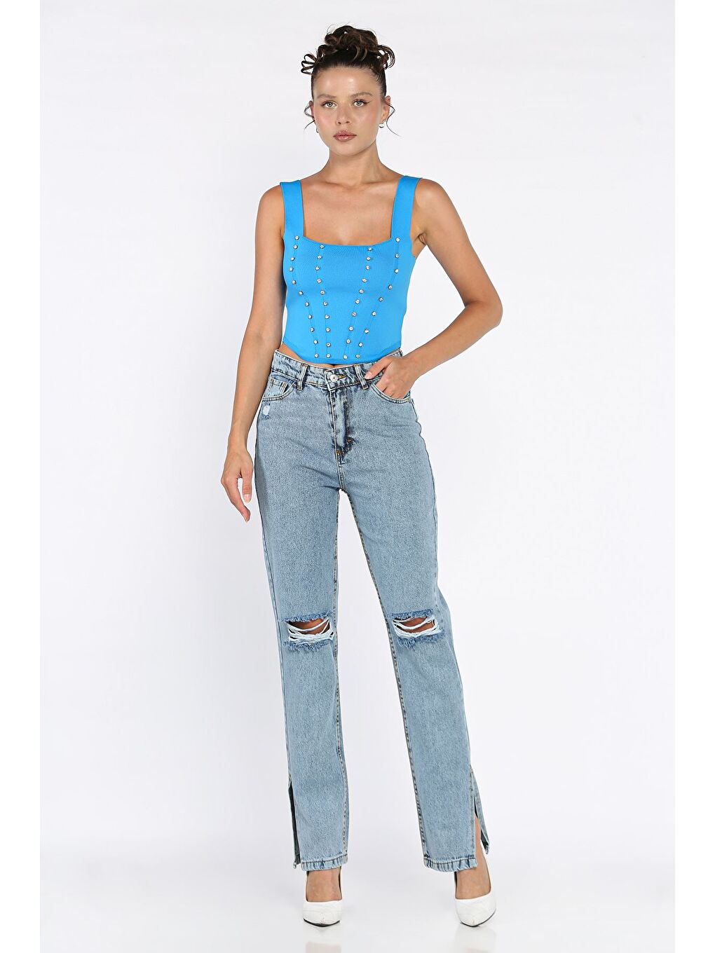 Mavi Yırtmaçlı Kadın Jean Jean Pantolon