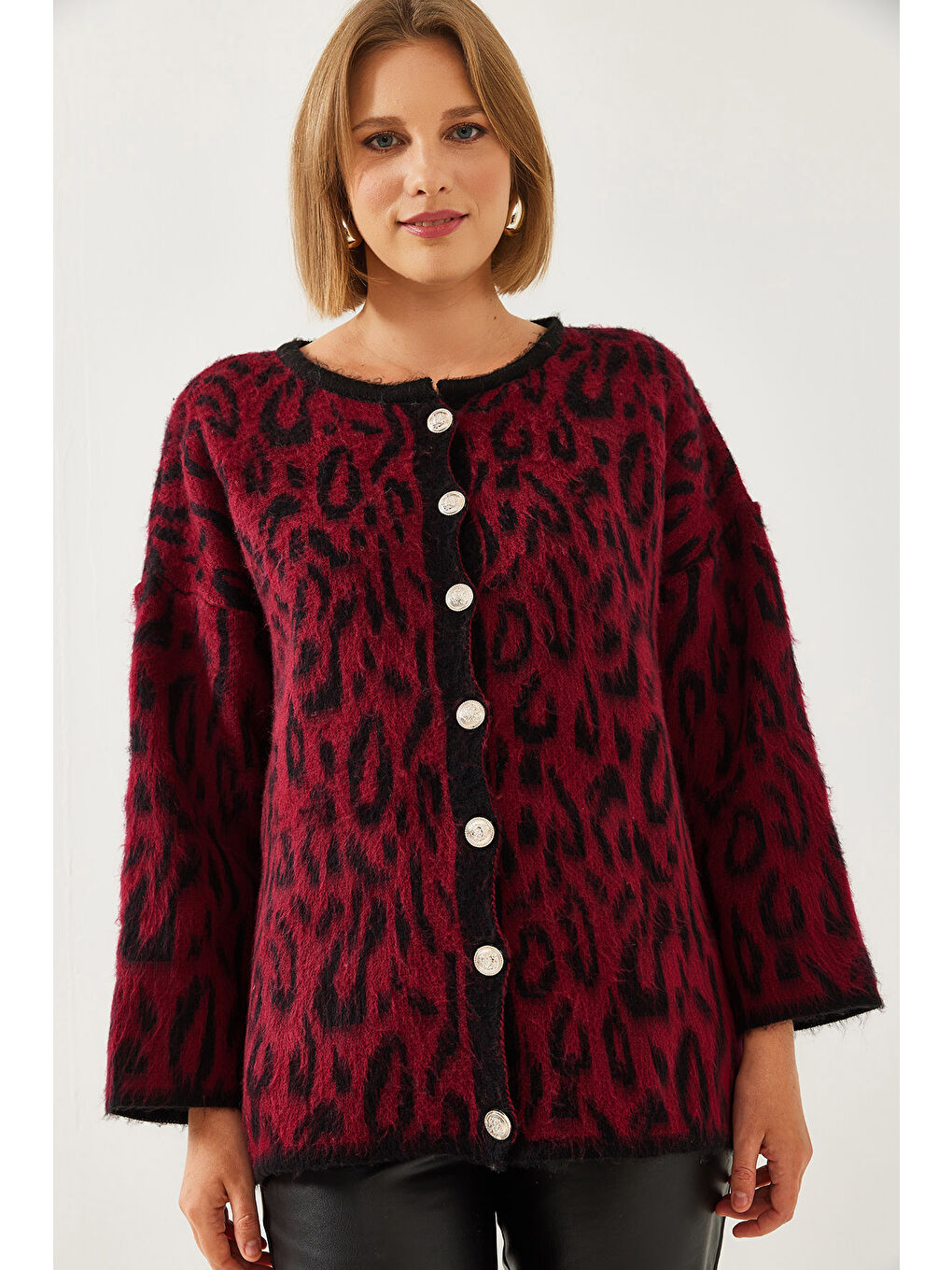 Bordo Kadın Leopar Desenli Oversize Triko Hırka-3