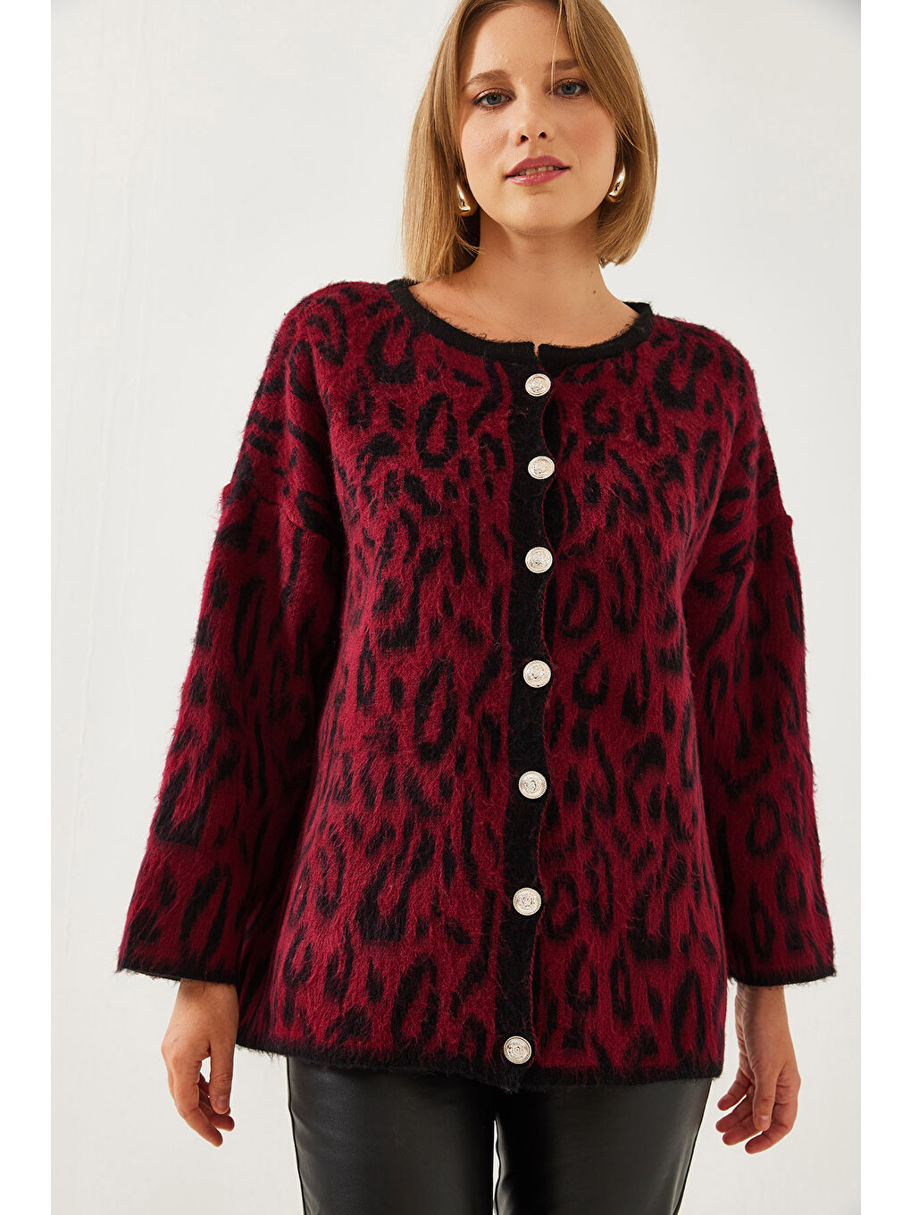 Bordo Kadın Leopar Desenli Oversize Triko Hırka-4