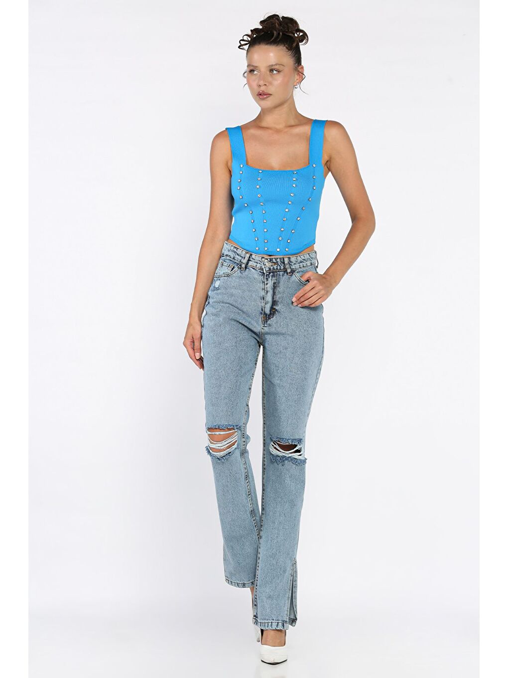 Mavi Yırtmaçlı Kadın Jean Jean Pantolon-1