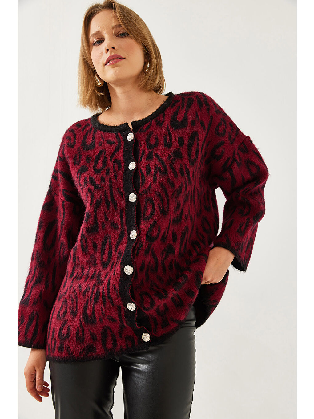 Bordo Kadın Leopar Desenli Oversize Triko Hırka-5