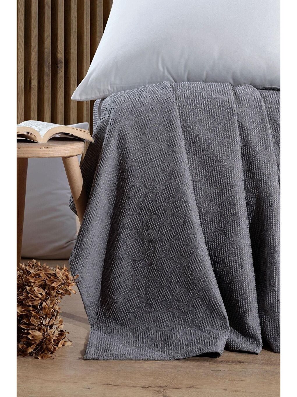 Antrasit Jakarlı Bambu Çift Kişilik Pike - Sarmaşık-1