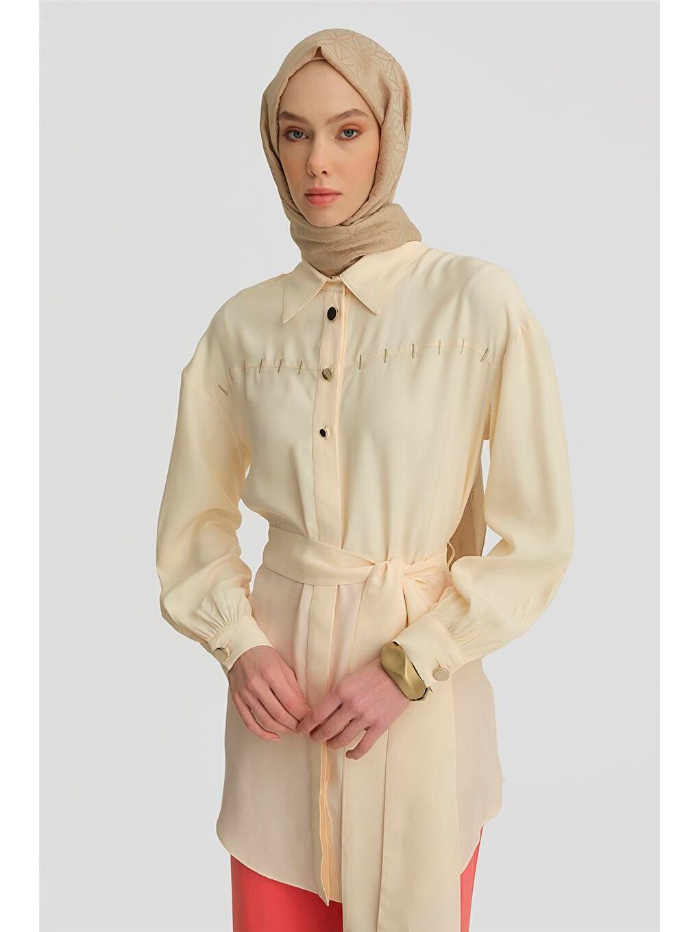 Bej Simli Nakışlı Floş Viskon Tunik 25Y4608 Aytaşı-2