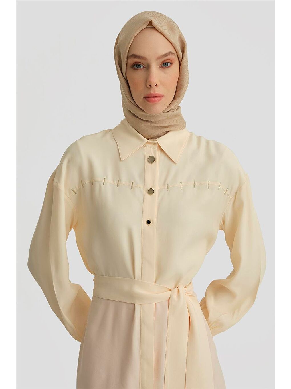 Bej Simli Nakışlı Floş Viskon Tunik 25Y4608 Aytaşı-3