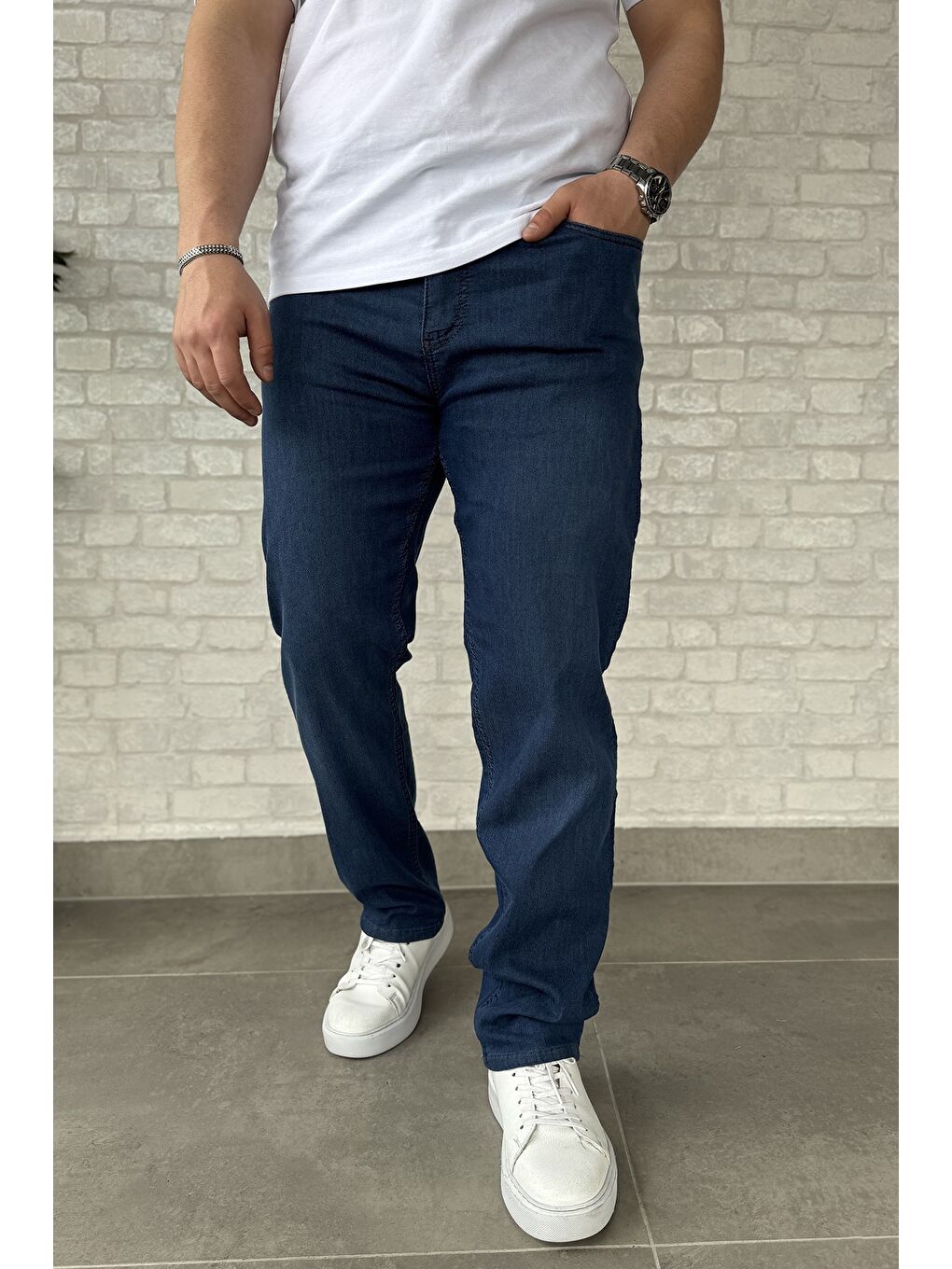 Lacivert Erkek Elastanlı Fermuarlı Jean Pantolon