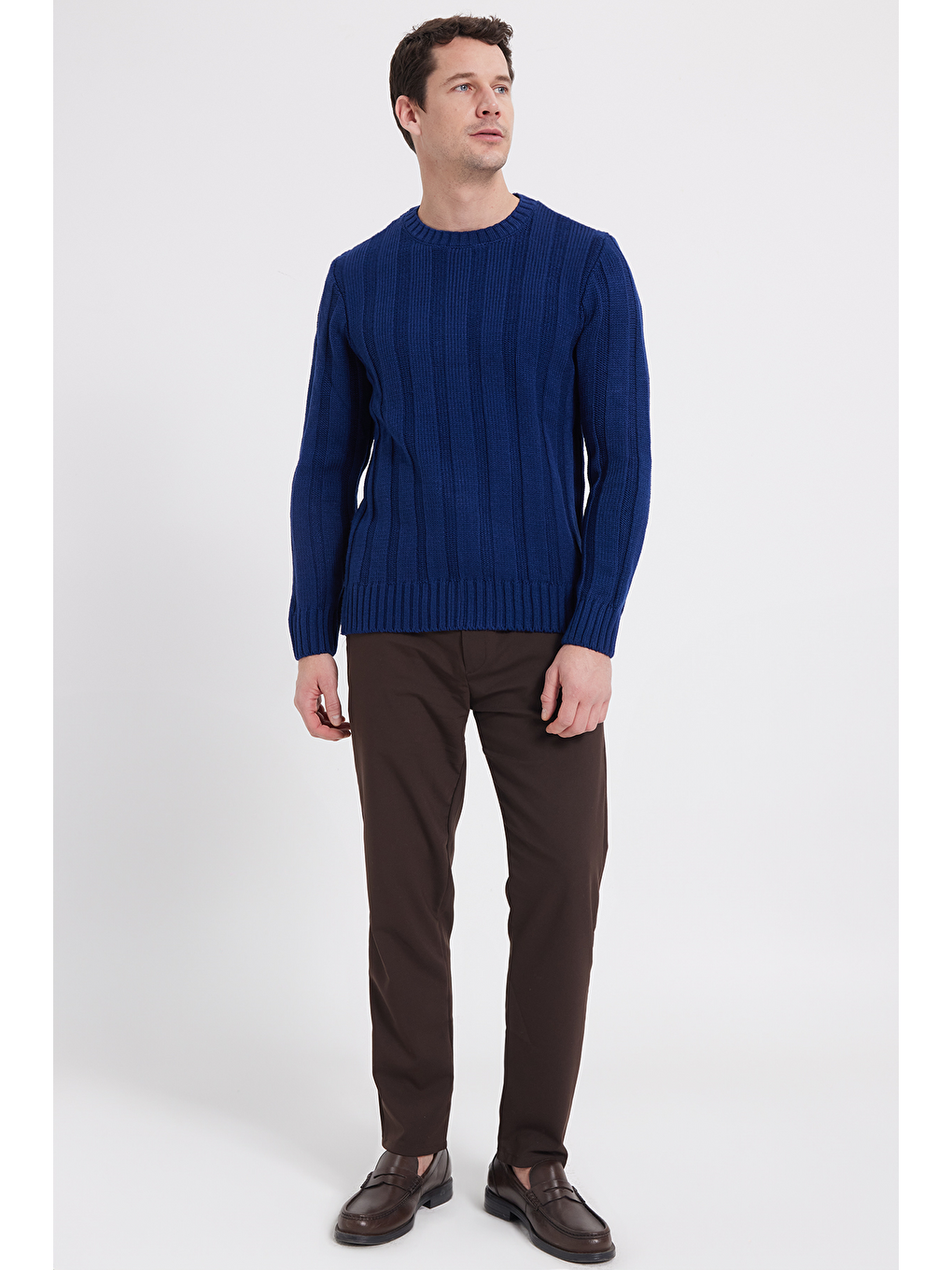 Erkek Standart Fit Normal Kesim Bisiklet Yaka Desenli Saks Mavi Kazak-1