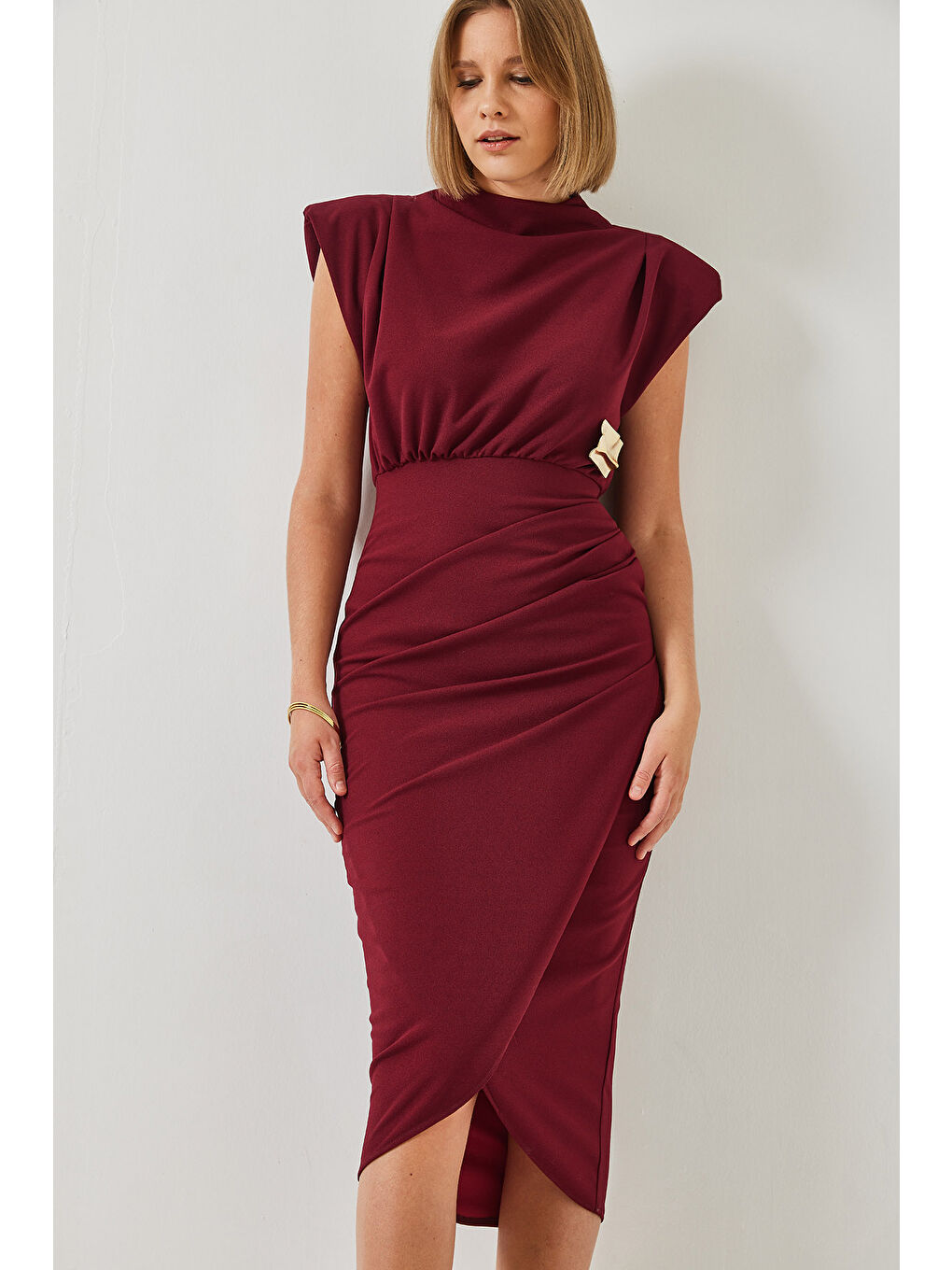 Bordo Kadın Tokalı Vatkalı Elbise-2