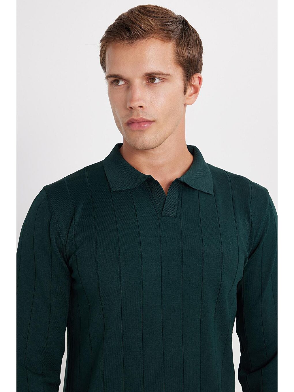 Erkek Slim Fit Dar Kesim Uzun Kol Polo Yaka Çizgili Yeşil Kazak-1