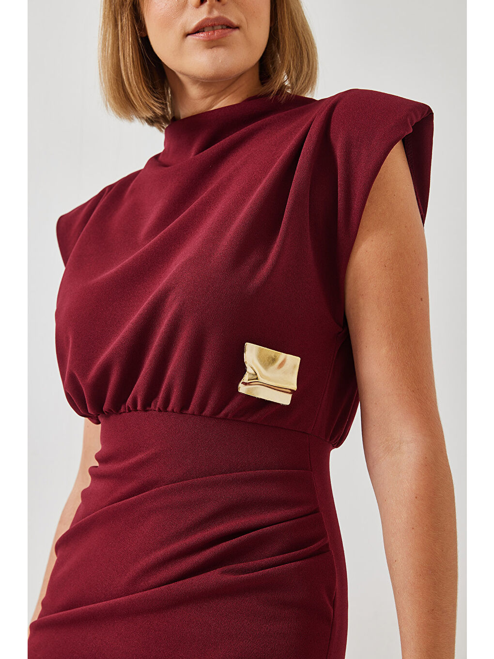 Bordo Kadın Tokalı Vatkalı Elbise-5