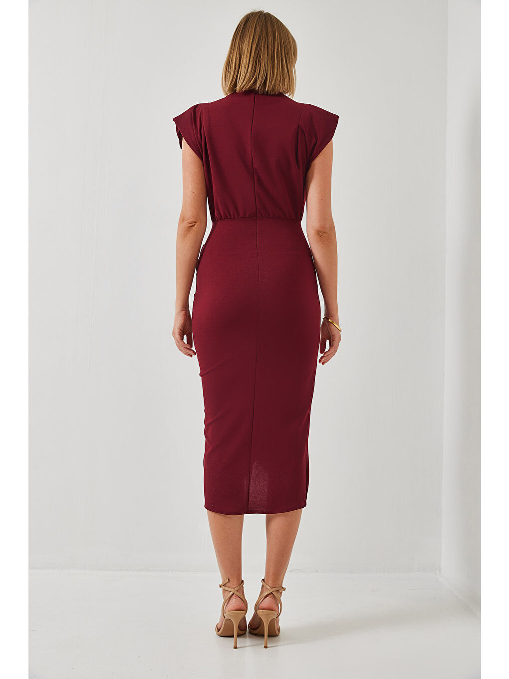 Bordo Kadın Tokalı Vatkalı Elbise-6