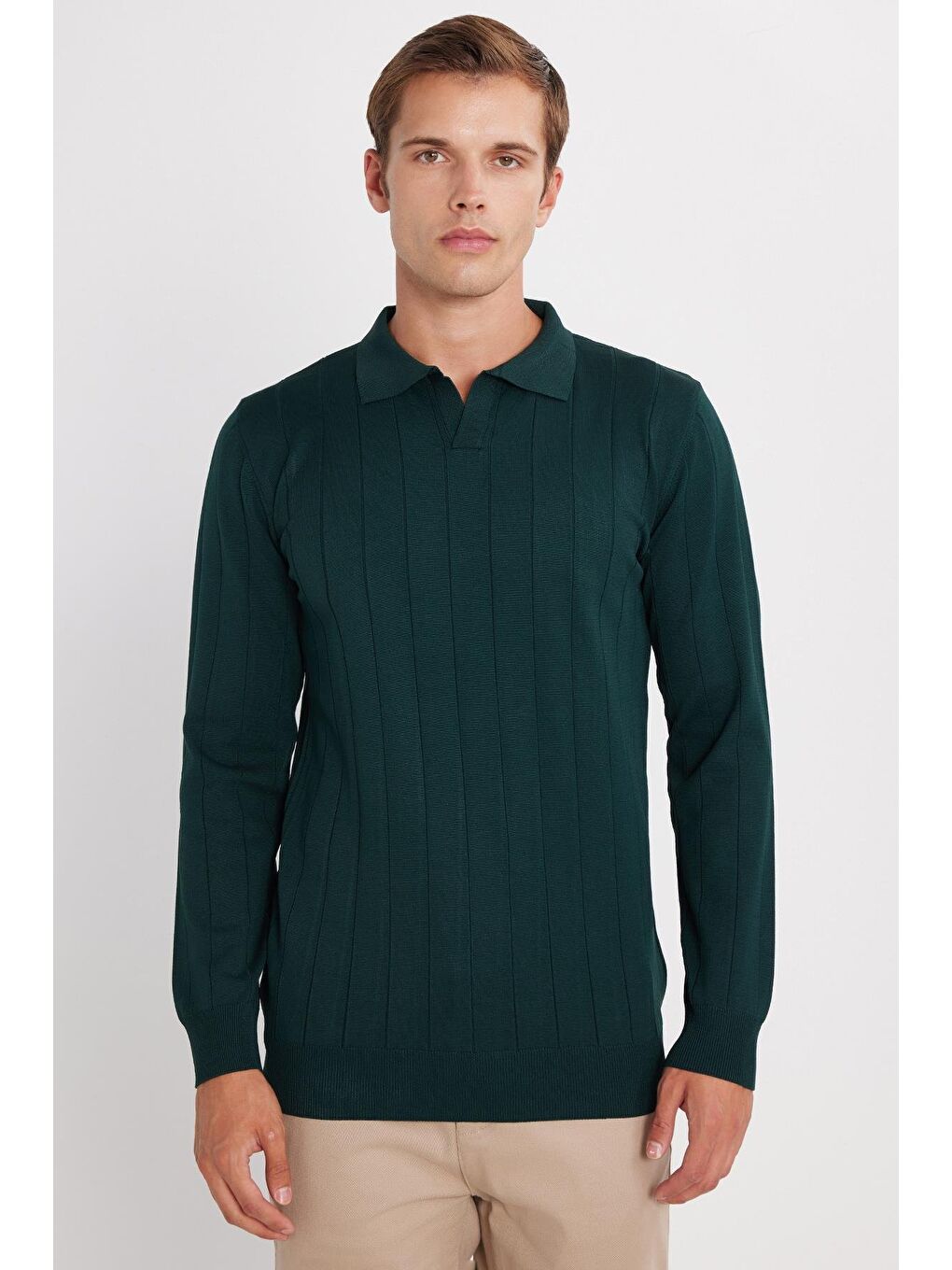 Erkek Slim Fit Dar Kesim Uzun Kol Polo Yaka Çizgili Yeşil Kazak-3