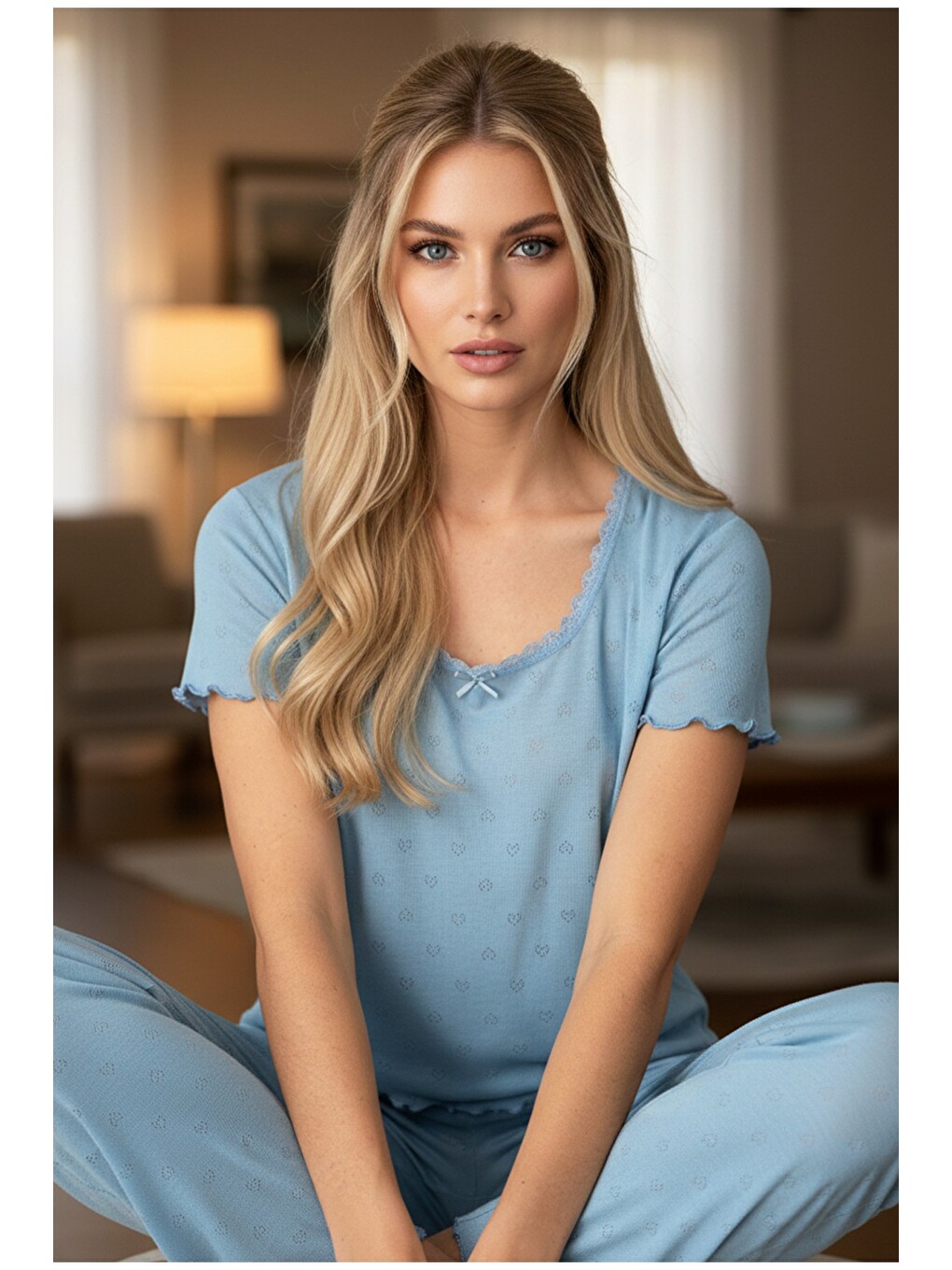 İndigo Pointel Ajurlu/delikli Örme Pijama Takım7893
