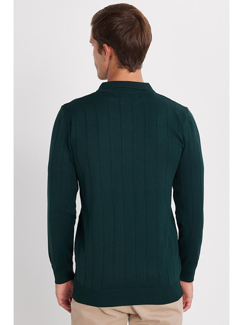 Erkek Slim Fit Dar Kesim Uzun Kol Polo Yaka Çizgili Yeşil Kazak-4