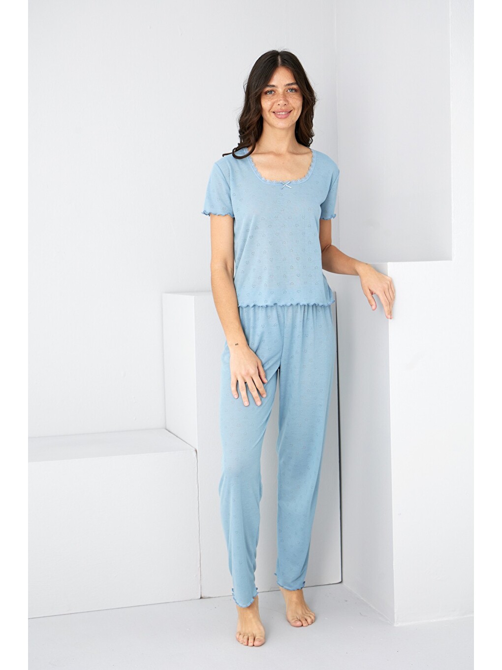 İndigo Pointel Ajurlu/delikli Örme Pijama Takım7893-2