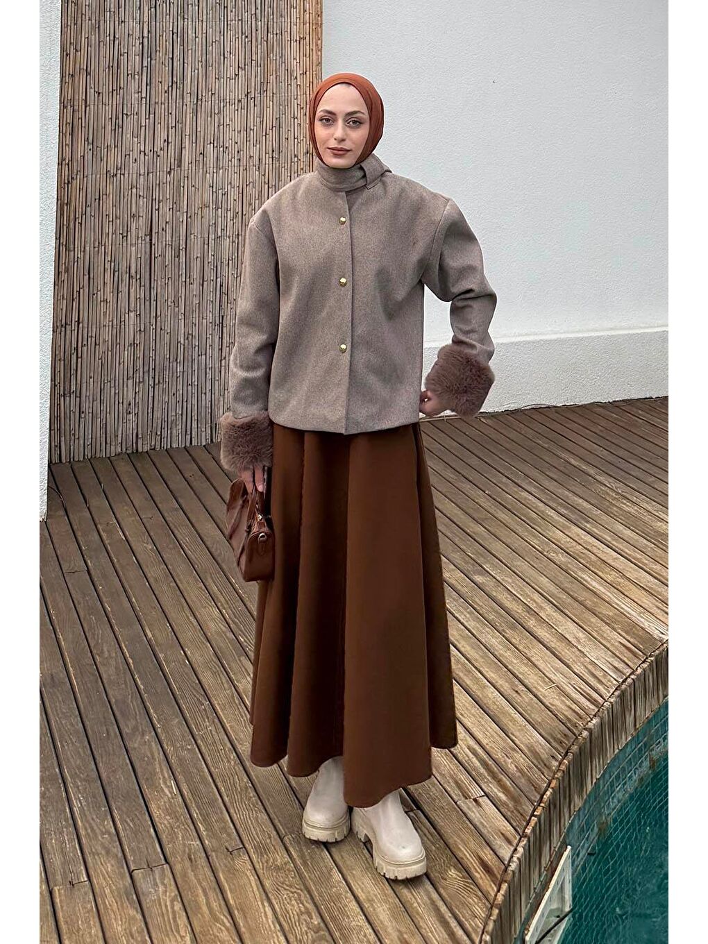 Bej Kol Kürk Detaylı Kaban Vizonrengi