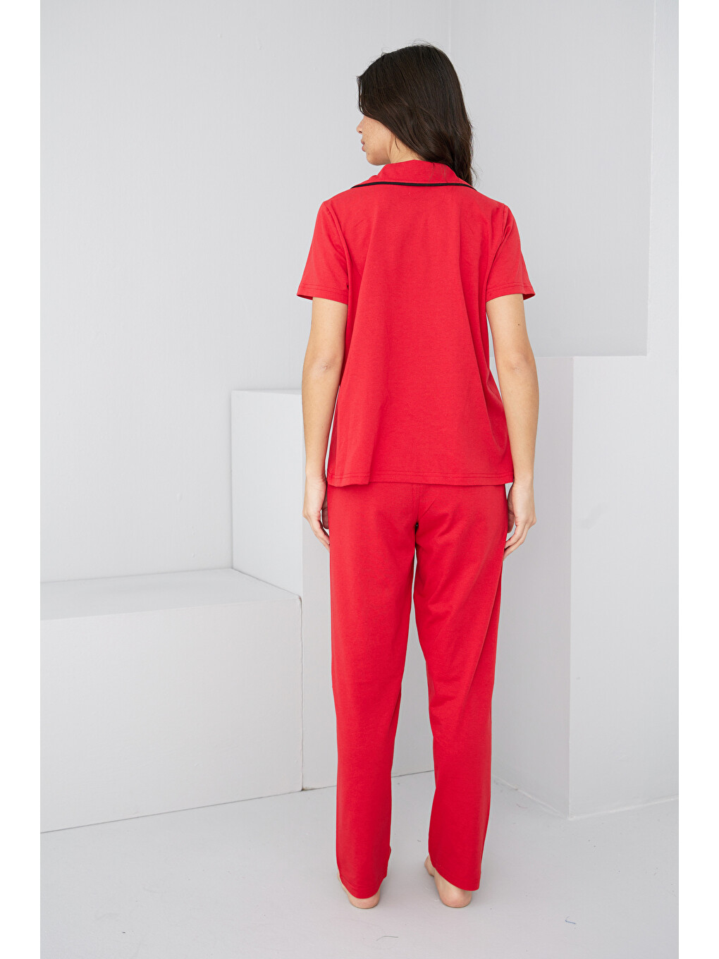 Kırmızı Kalpli Biye Detaylı Örme Pijama Takım7891-2