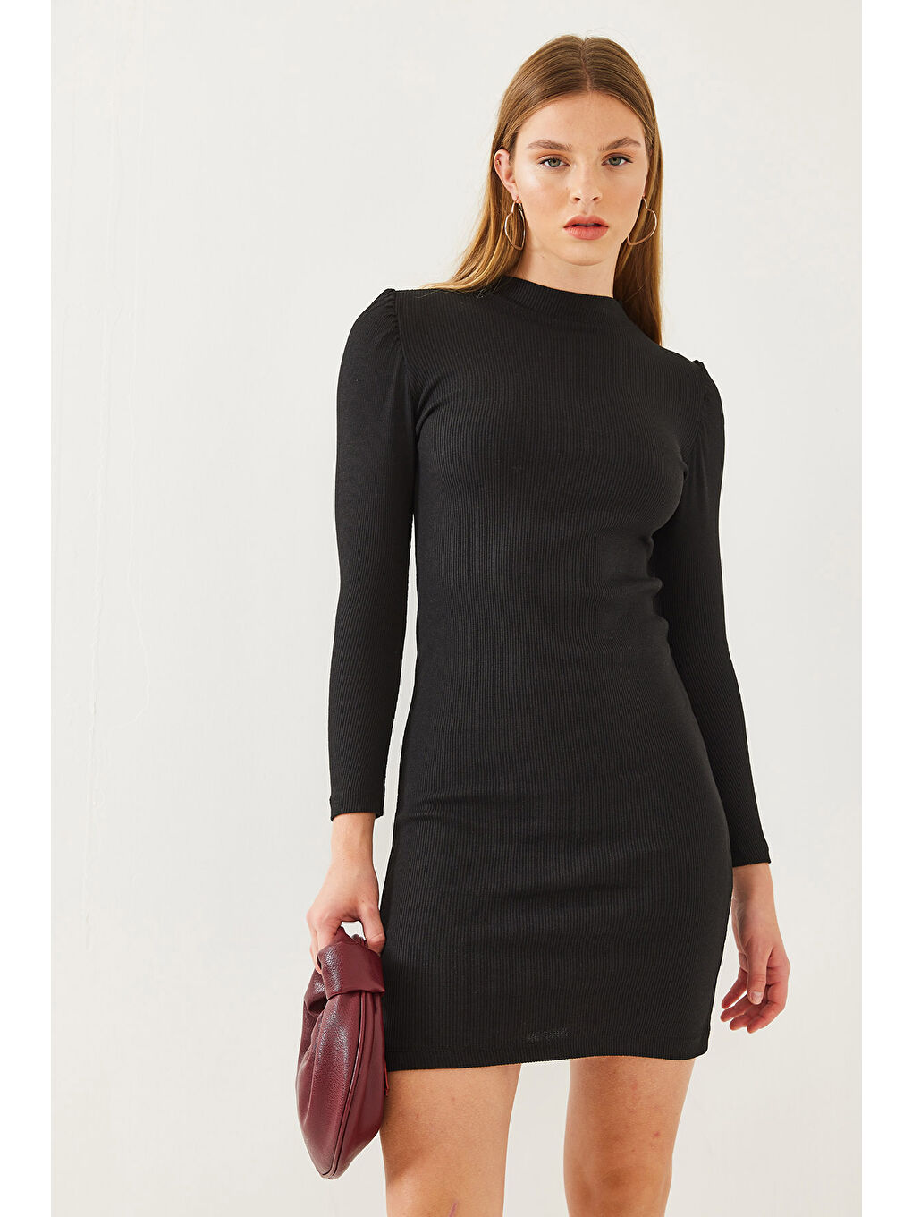 Siyah Kadın Prenses Kol Fitilli Basic Elbise-1