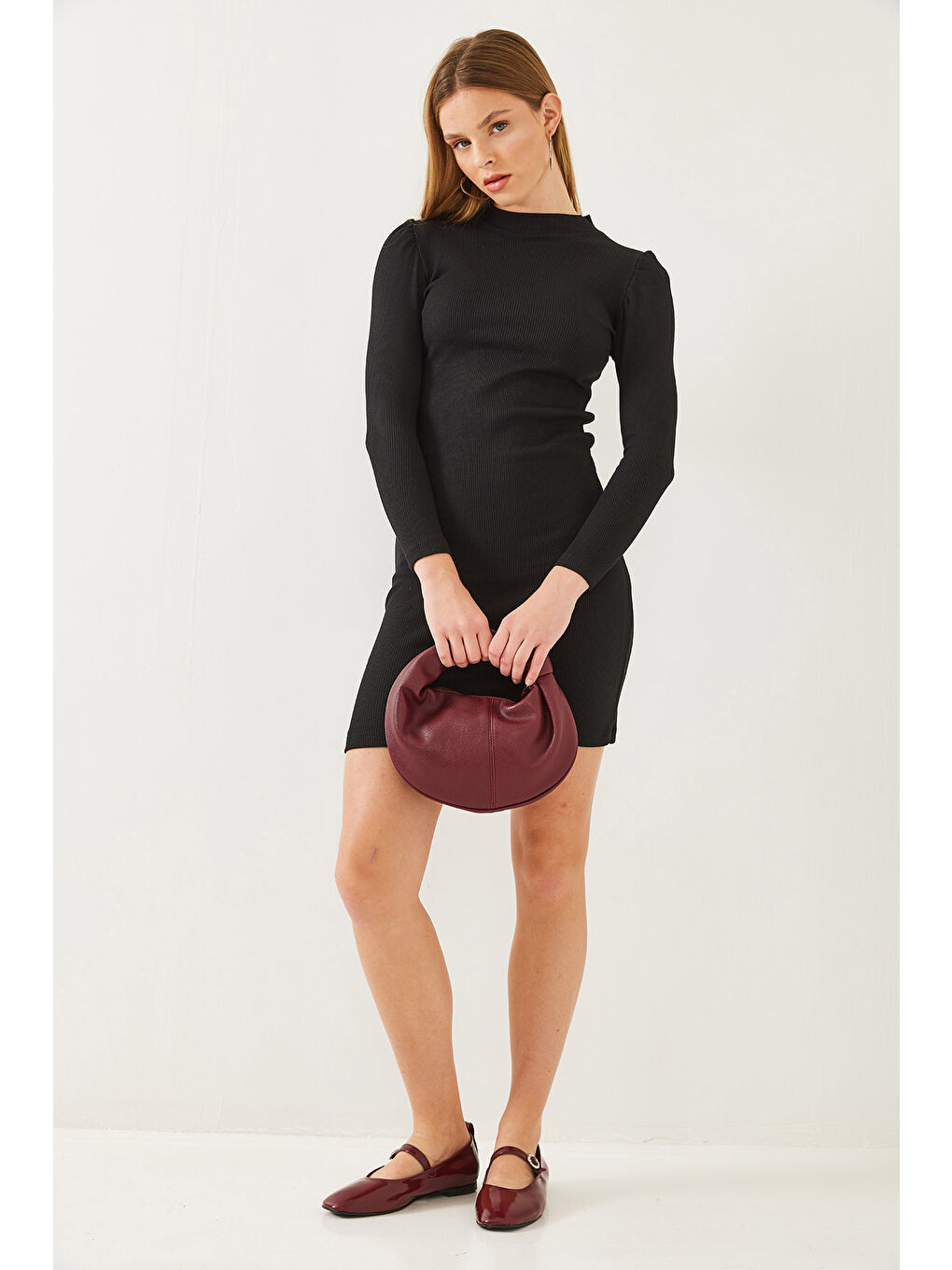 Siyah Kadın Prenses Kol Fitilli Basic Elbise-2